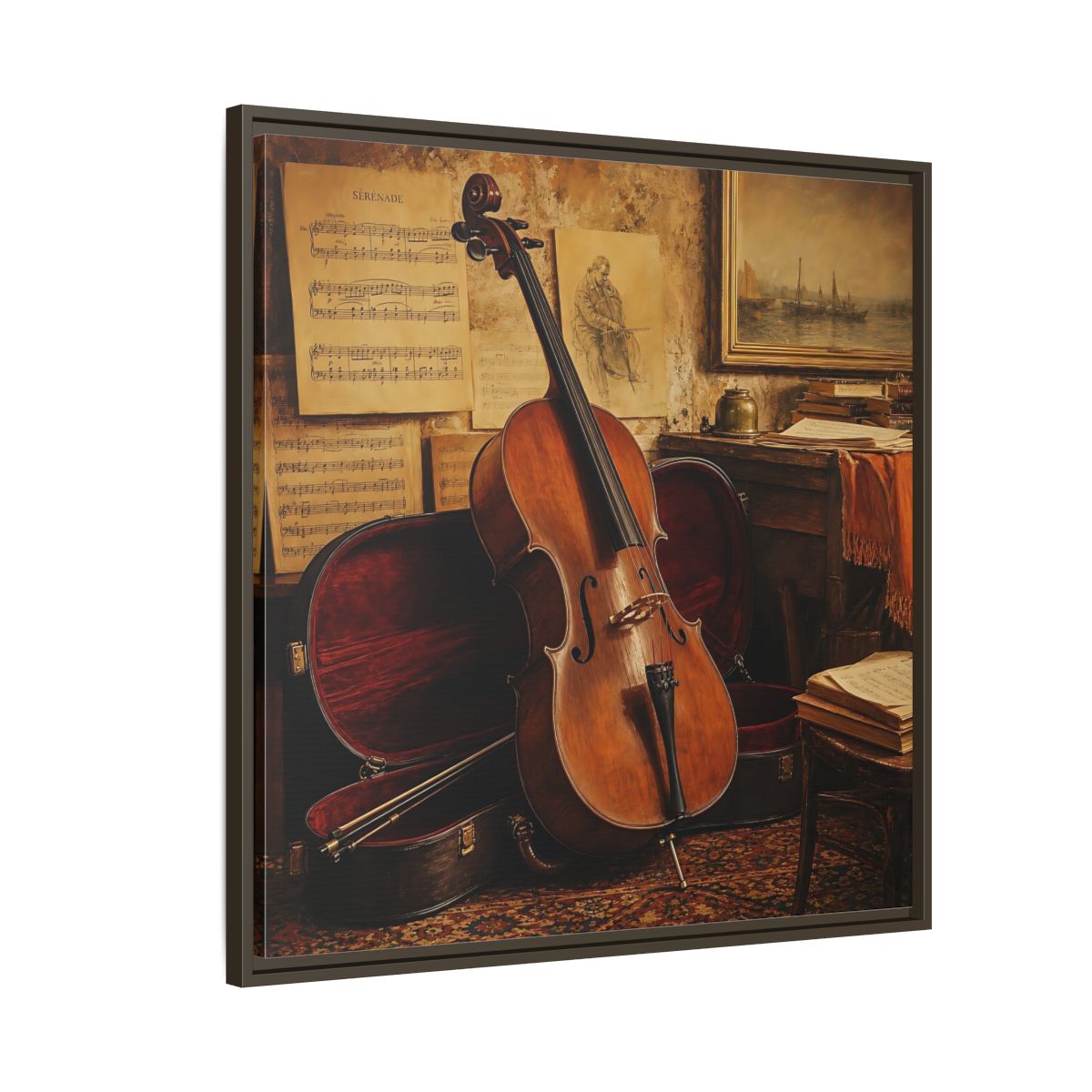 Side Mockup 8. Vintage Cello Still Life shown as framed canvas print
