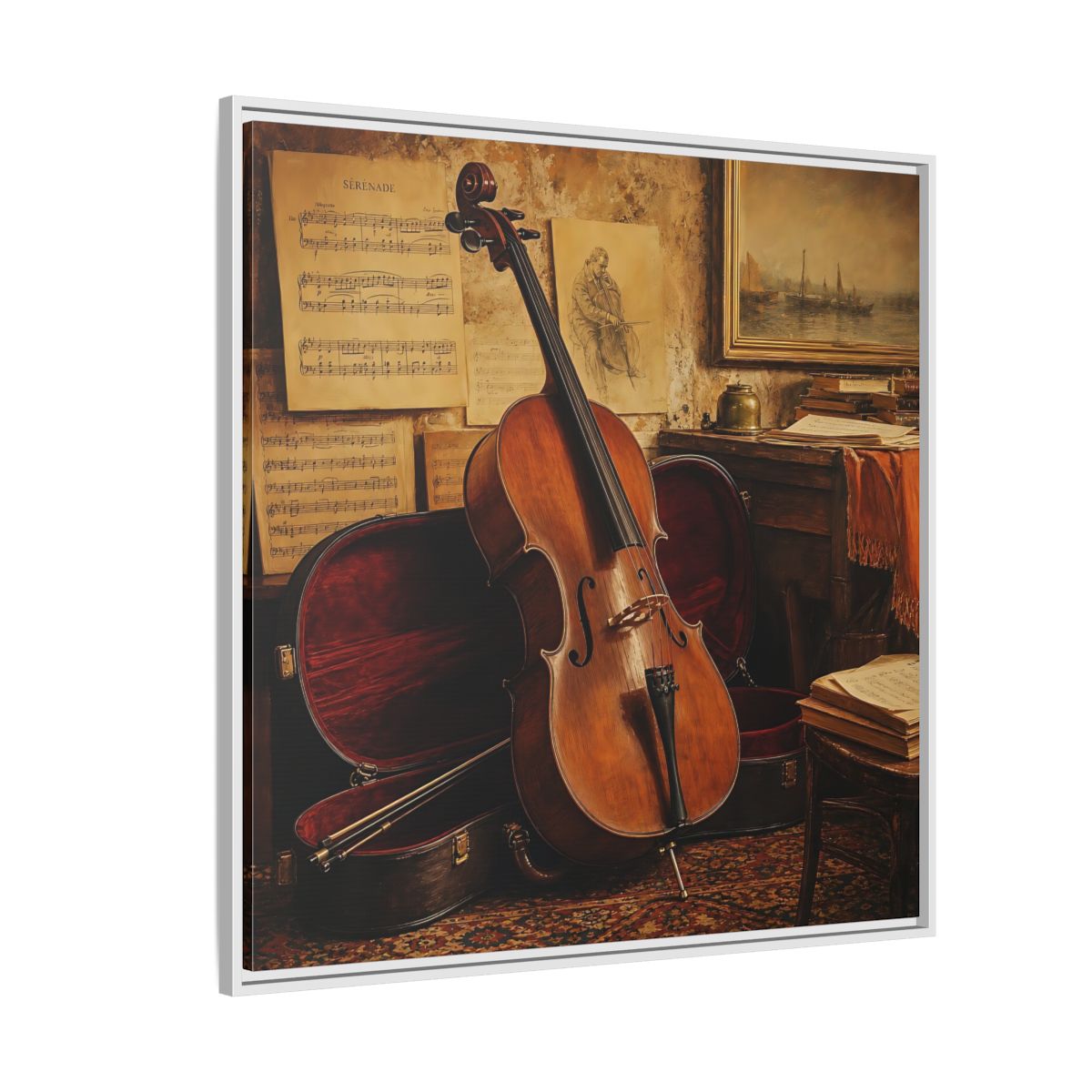 Side Mockup 4. Vintage Cello Still Life shown as framed canvas print