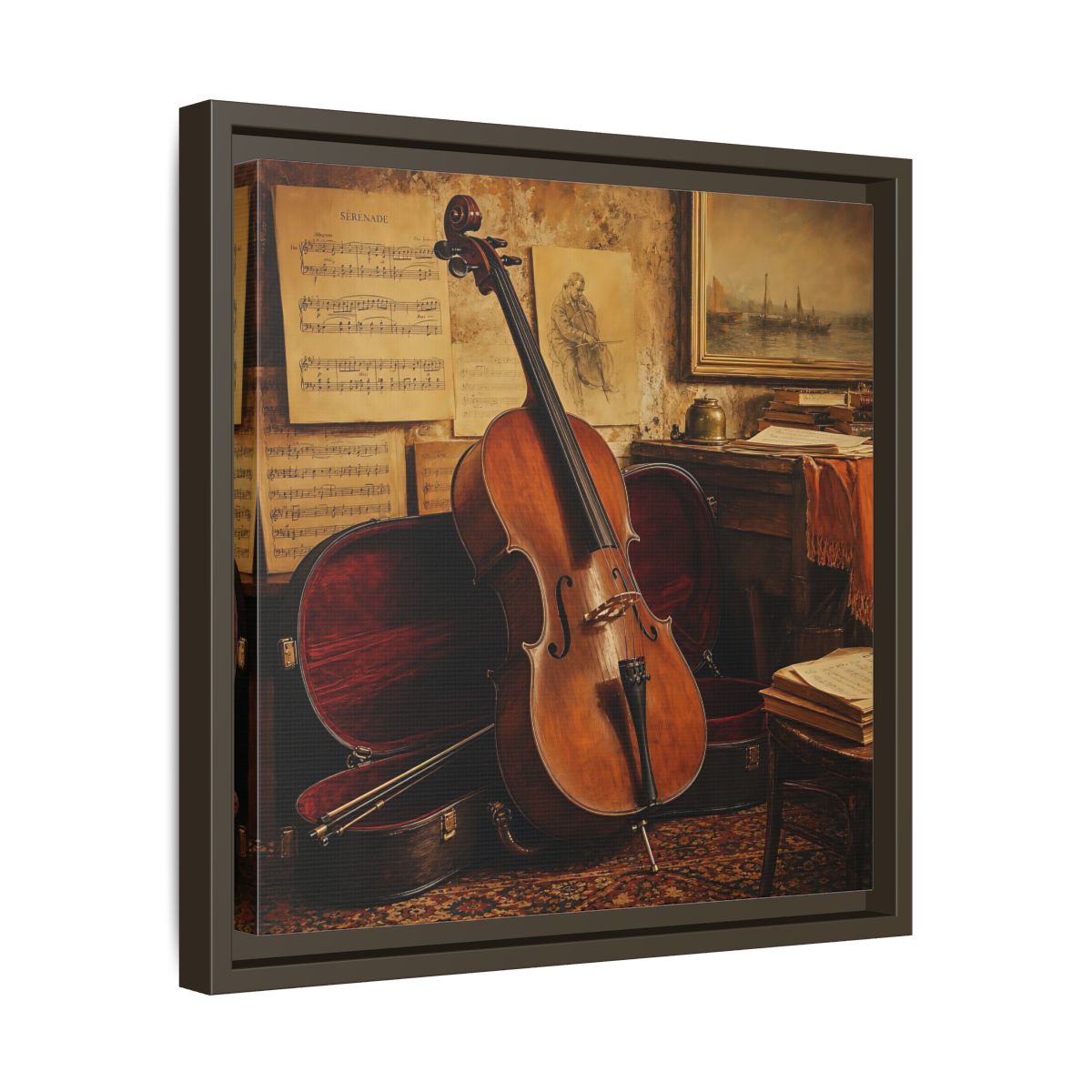 Side Mockup 29. Vintage Cello Still Life shown as framed canvas print