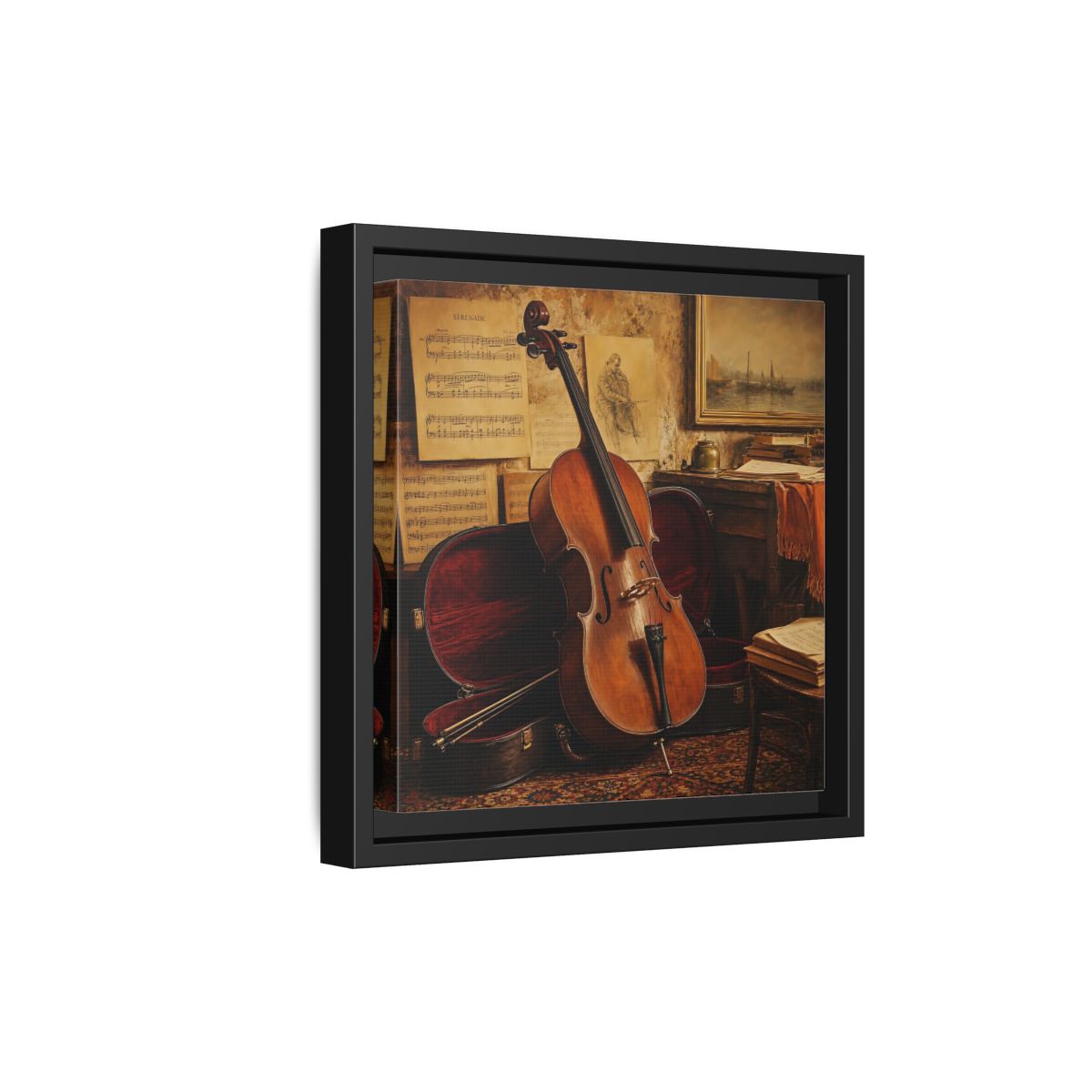 Side Mockup 21. Vintage Cello Still Life shown as framed canvas print