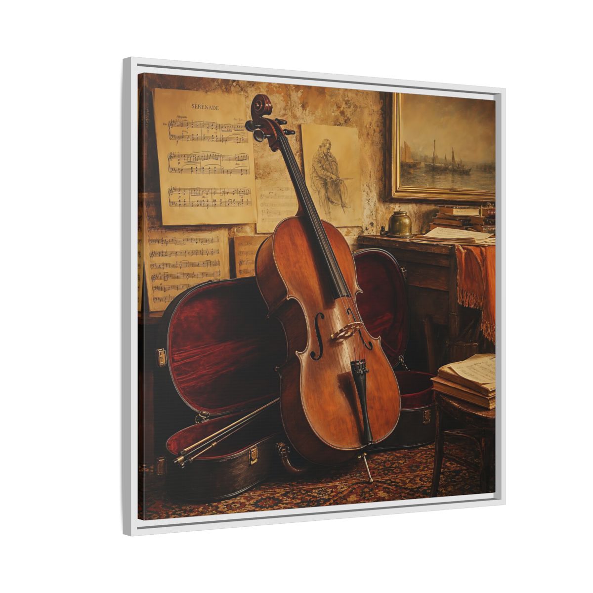 Side Mockup 7. Vintage Cello Still Life shown as framed canvas print