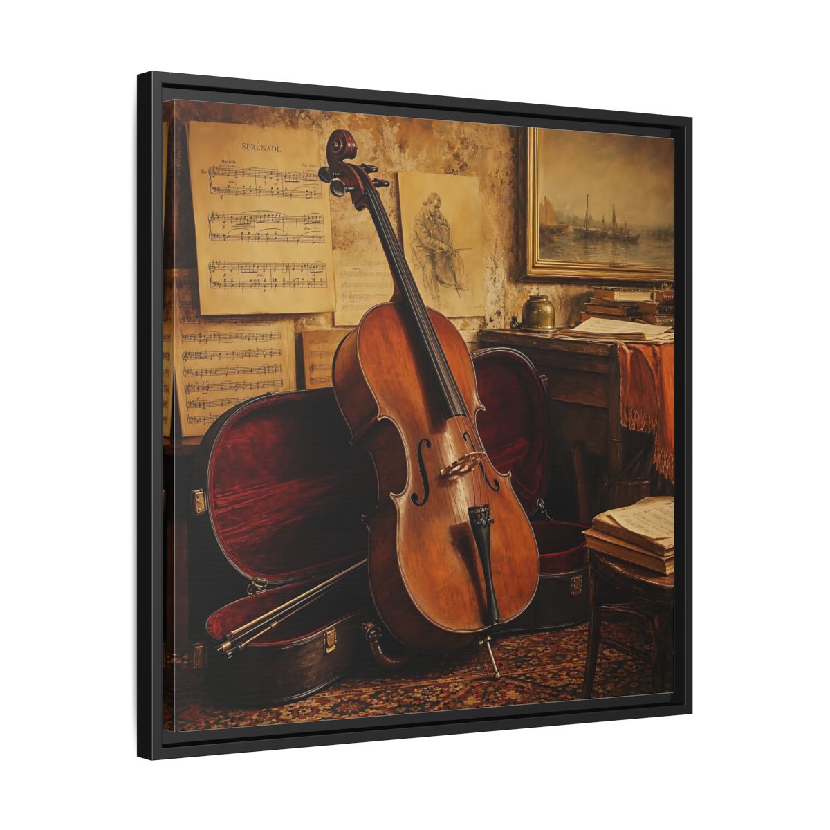 Side Mockup 31. Vintage Cello Still Life shown as framed canvas print