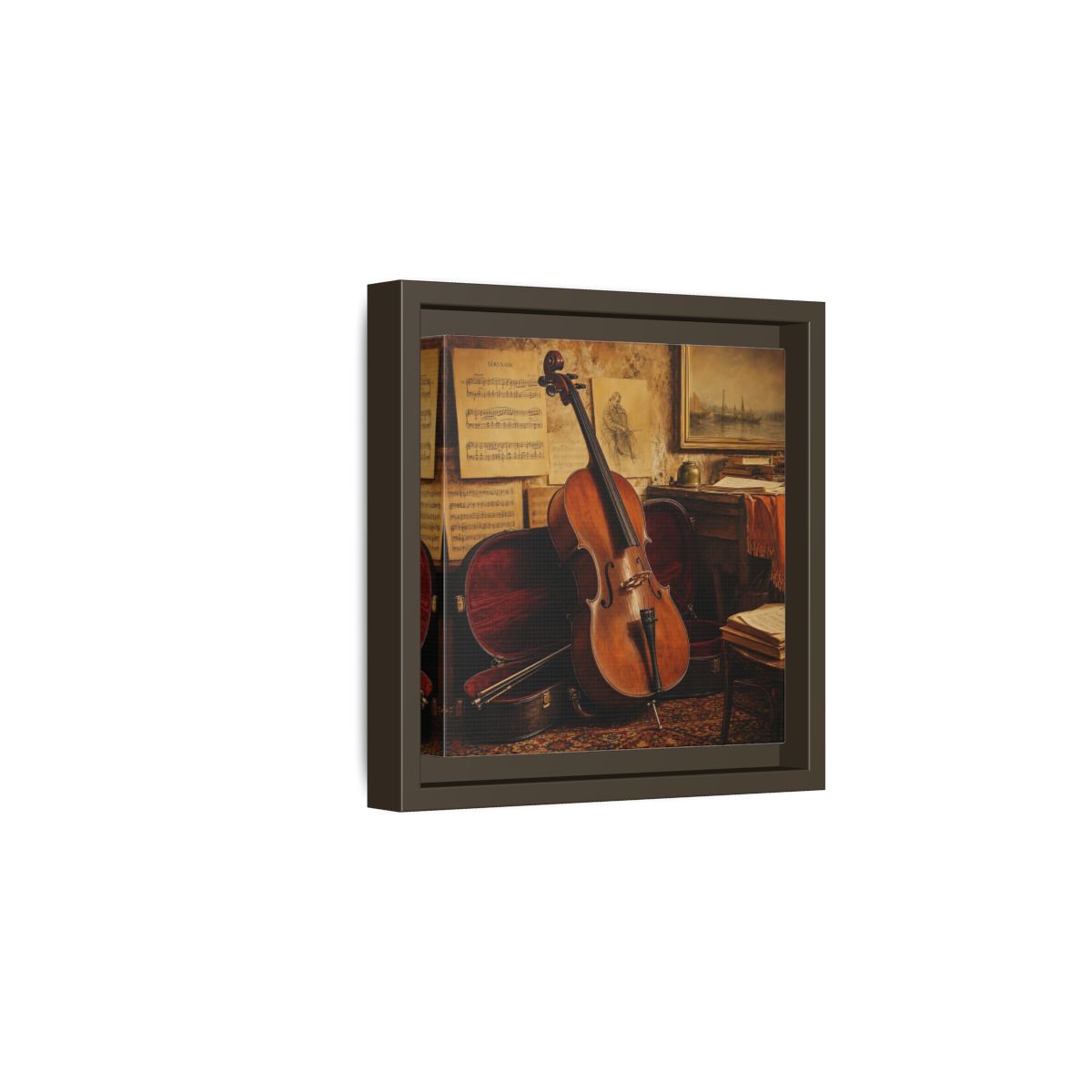 Side Mockup 2. Vintage Cello Still Life shown as framed canvas print