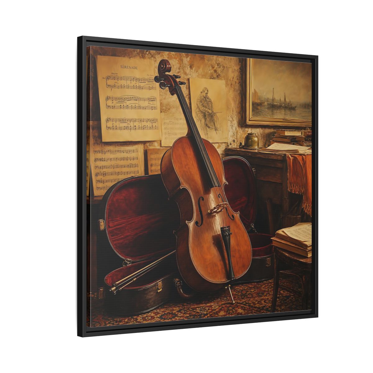 Side Mockup 9. Vintage Cello Still Life shown as framed canvas print
