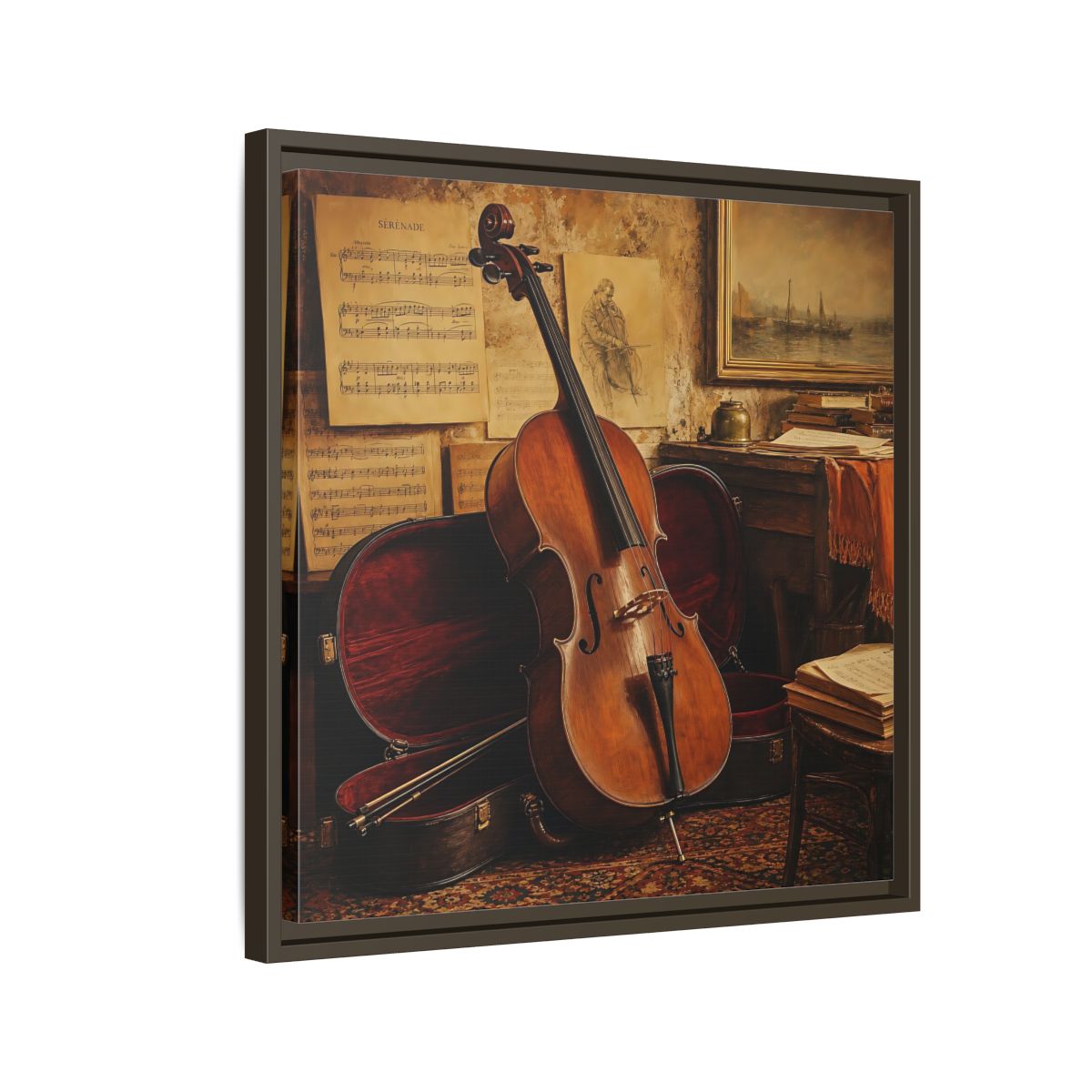 Side Mockup 11. Vintage Cello Still Life shown as framed canvas print