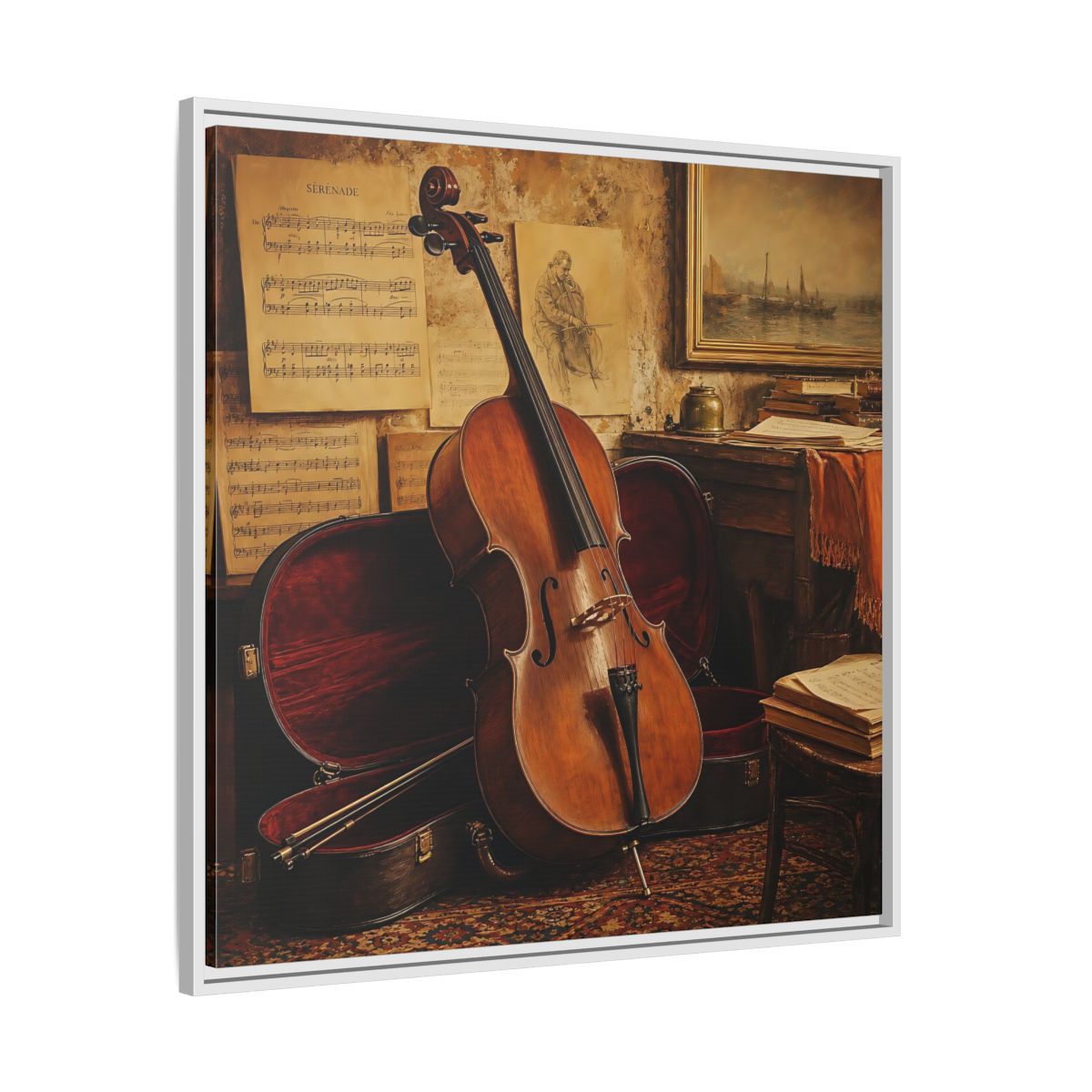 Side Mockup 25. Vintage Cello Still Life shown as framed canvas print