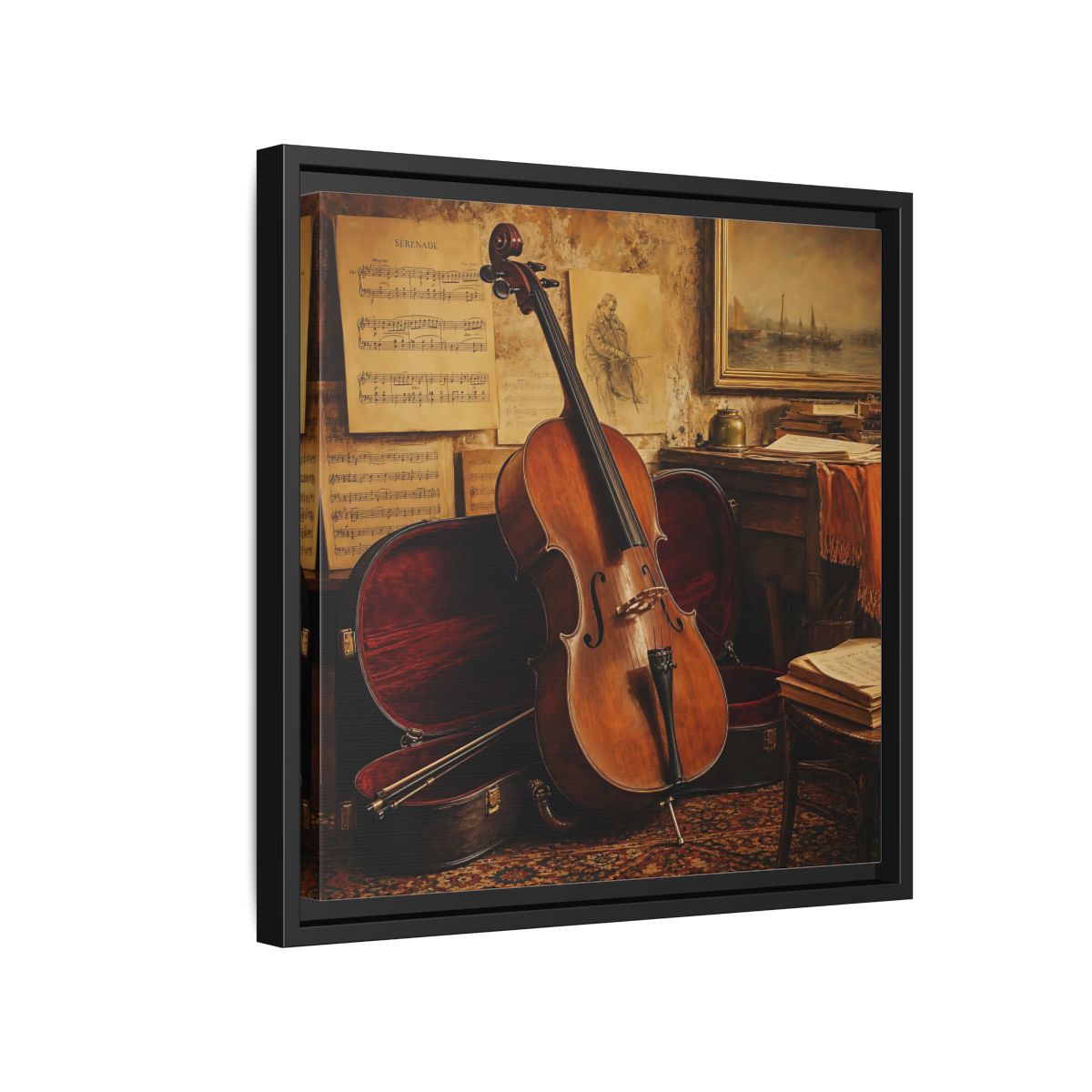 Side Mockup 15. Vintage Cello Still Life shown as framed canvas print