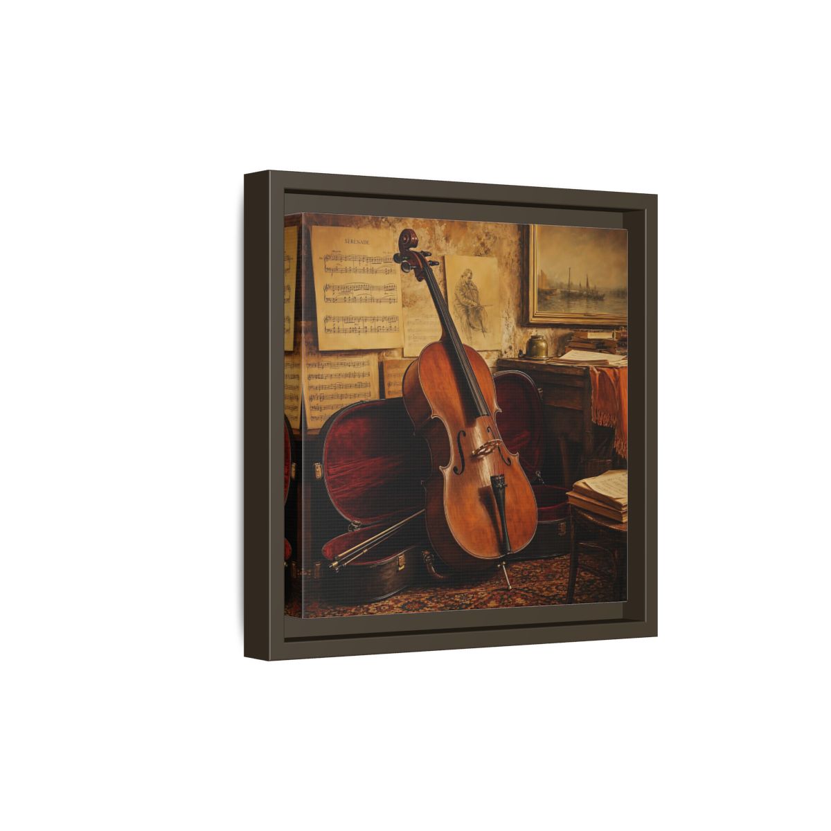 Side Mockup 20. Vintage Cello Still Life shown as framed canvas print