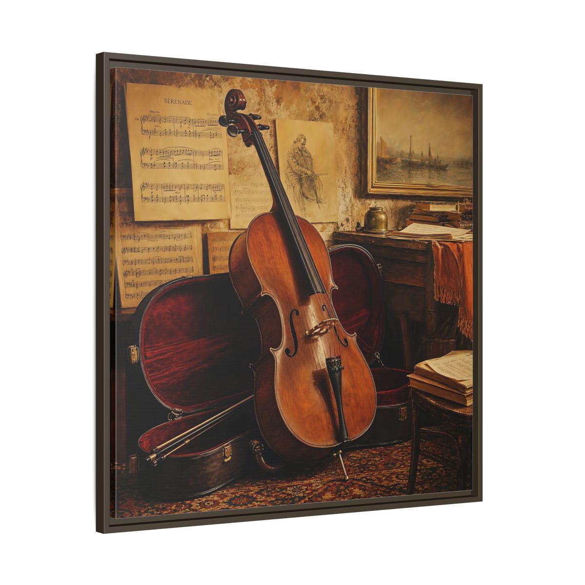 Main Mockup. Vintage Cello Still Life shown as framed canvas print