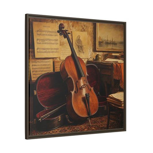 Main Mockup. Vintage Cello Still Life shown as framed canvas print