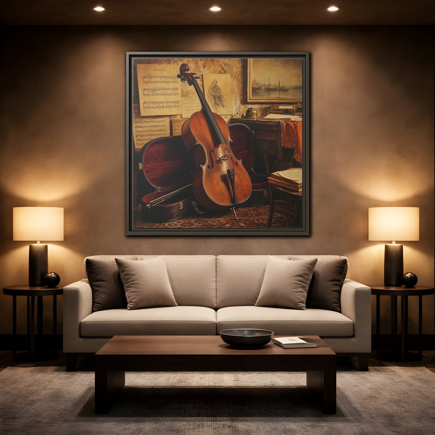 Mockup 2. Vintage Cello Still Life shown as framed canvas print