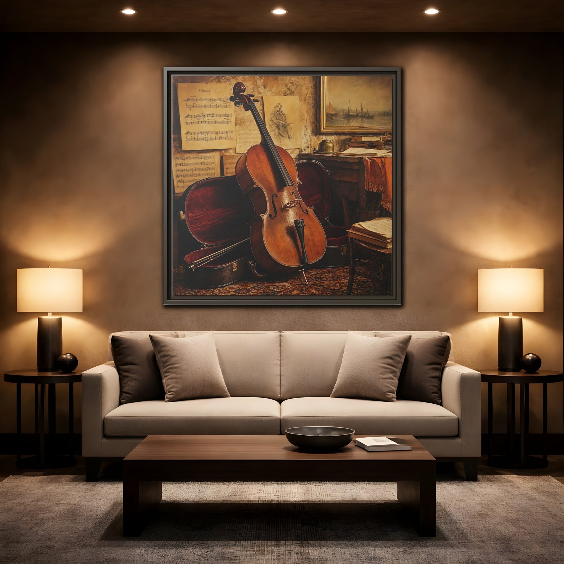 Mockup 2. Vintage Cello Still Life shown as framed canvas print