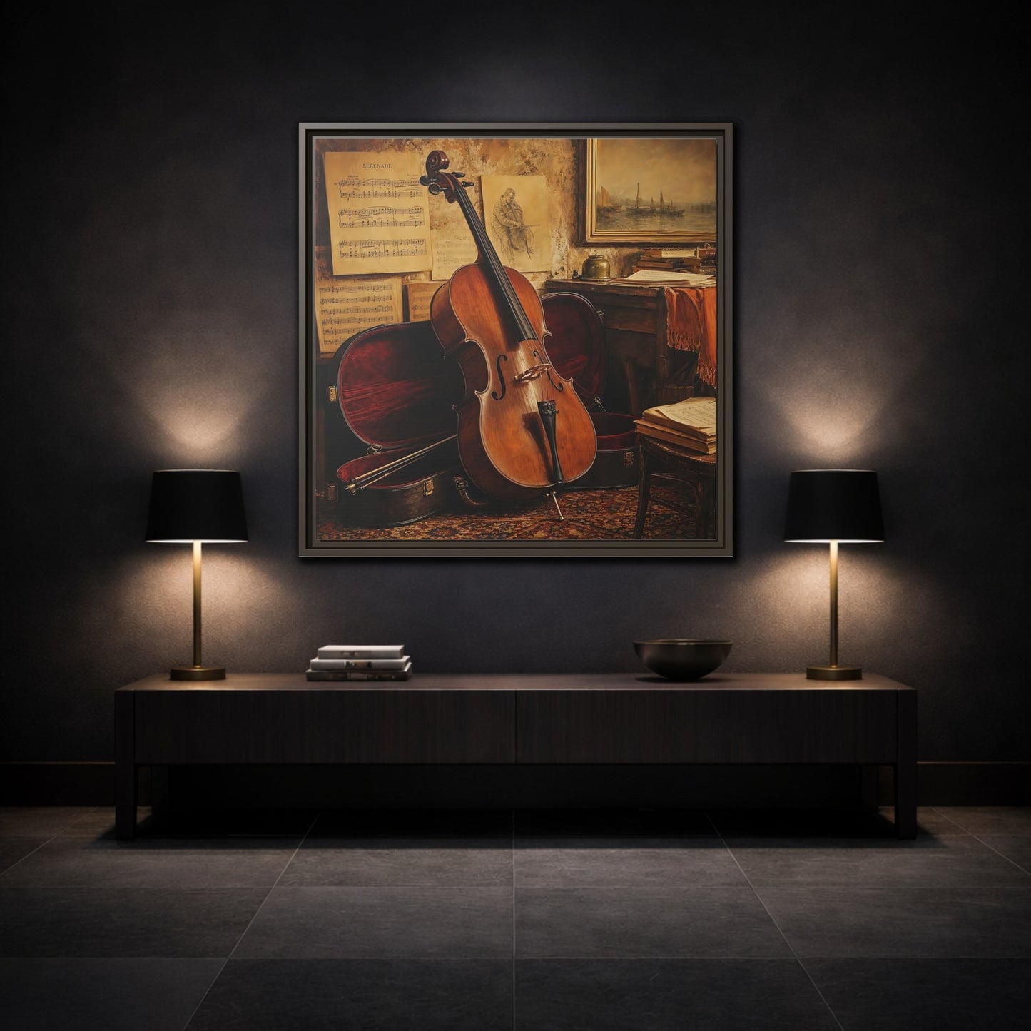 Mockup 3. Vintage Cello Still Life shown as framed canvas print