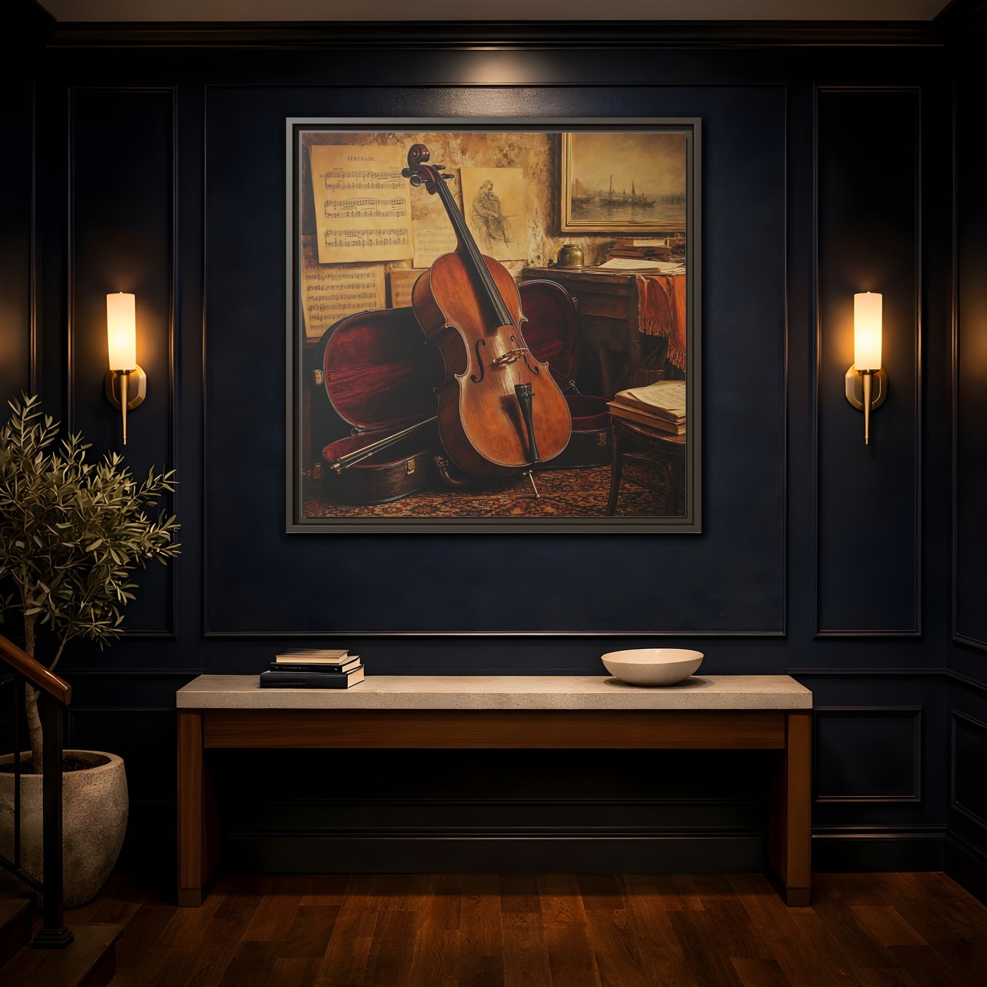 Mockup 4. Vintage Cello Still Life shown as framed canvas print