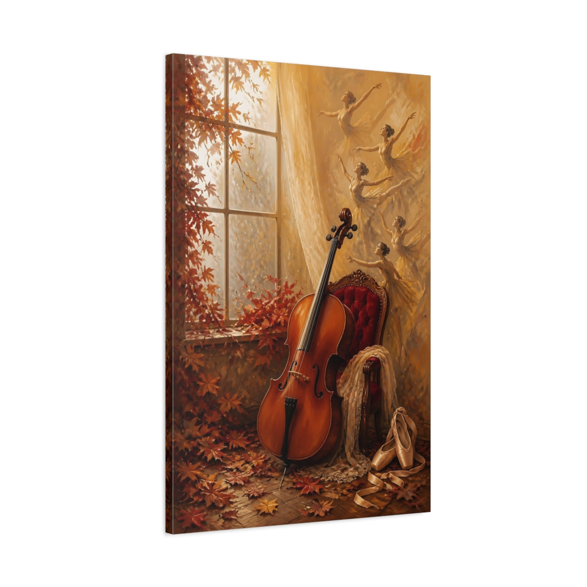 Main Mockup. Vintage Cello, Ballerinas Warm Autumn shown as canvas print