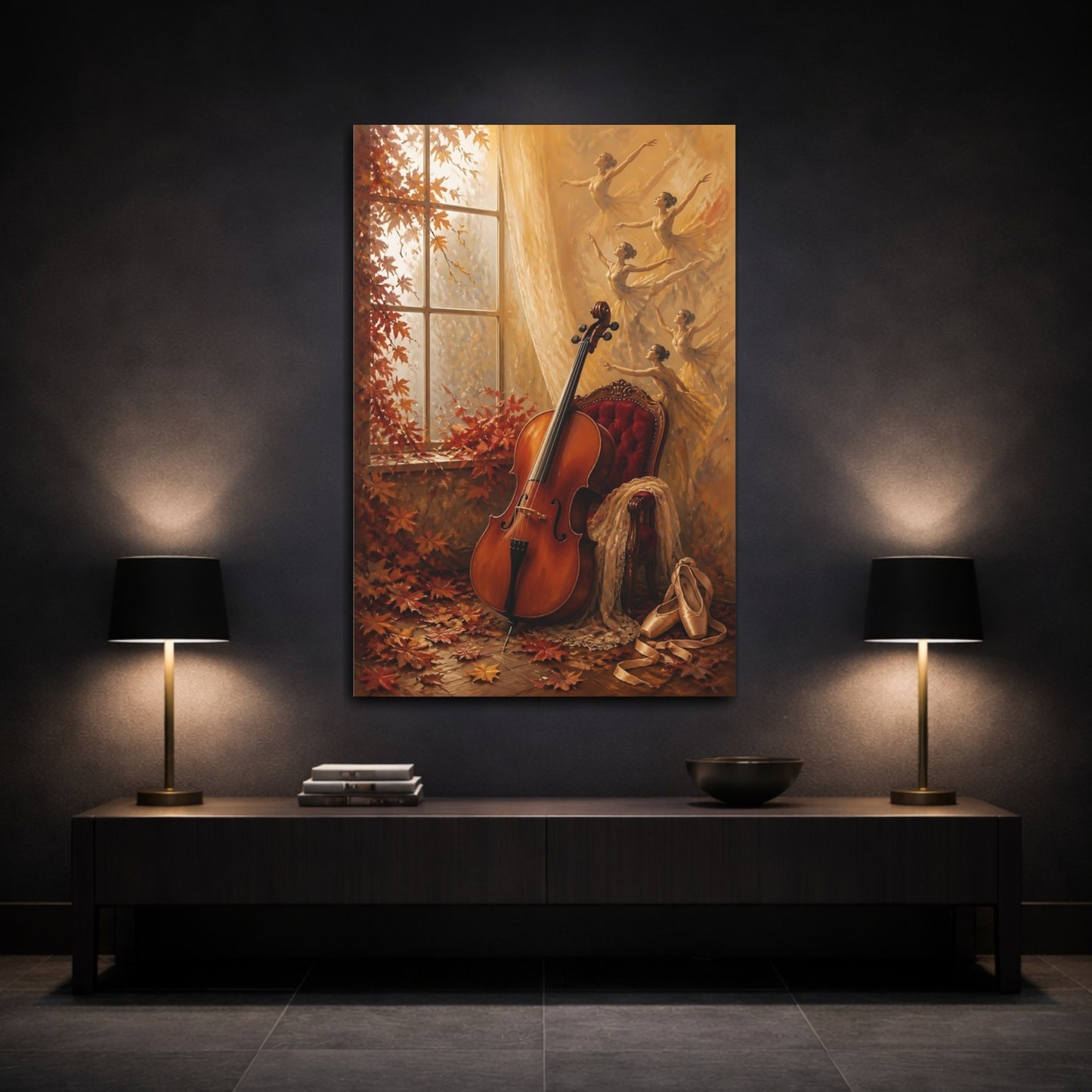 Mockup 3. Vintage Cello, Ballerinas Warm Autumn shown as canvas print