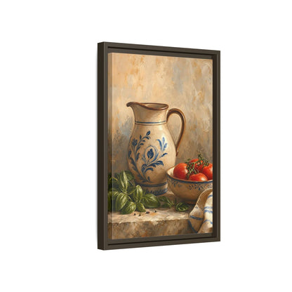 Side Mockup 5. Vintage Ceramic Pitcher Rustic Kitchen Still Life shown as framed canvas print