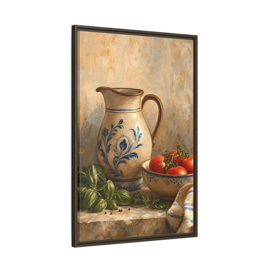 Main Mockup. Vintage Ceramic Pitcher Rustic Kitchen Still Life shown as framed canvas print