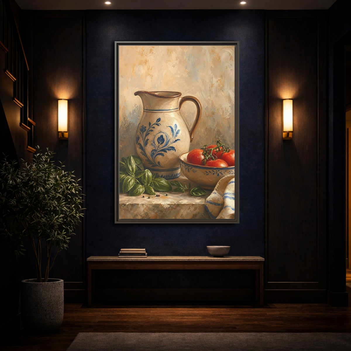 Mockup 4. Vintage Ceramic Pitcher Rustic Kitchen Still Life shown as framed canvas print