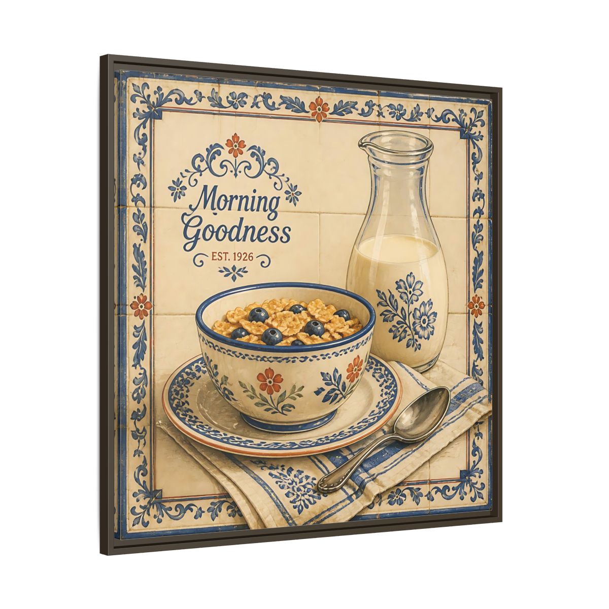 Main Mockup. Vintage Cereal Bowl Vintage Breakfast shown as stretched canvas wall art