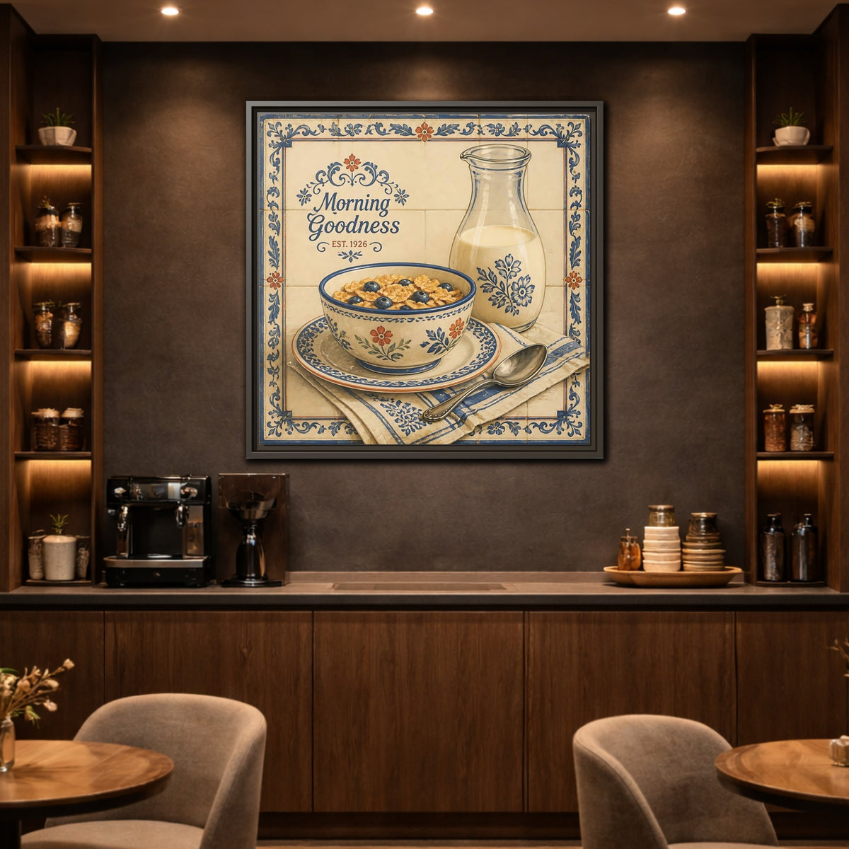 Mockup 2. Vintage Cereal Bowl Vintage Breakfast shown as stretched canvas wall art