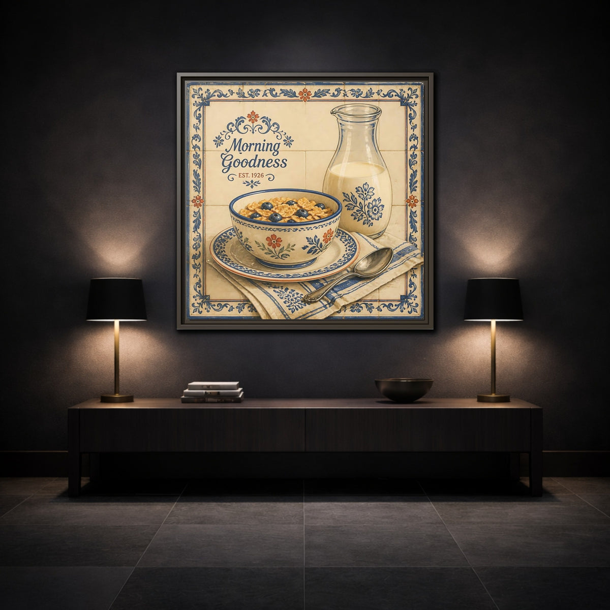 Mockup 3. Vintage Cereal Bowl Vintage Breakfast shown as stretched canvas wall art