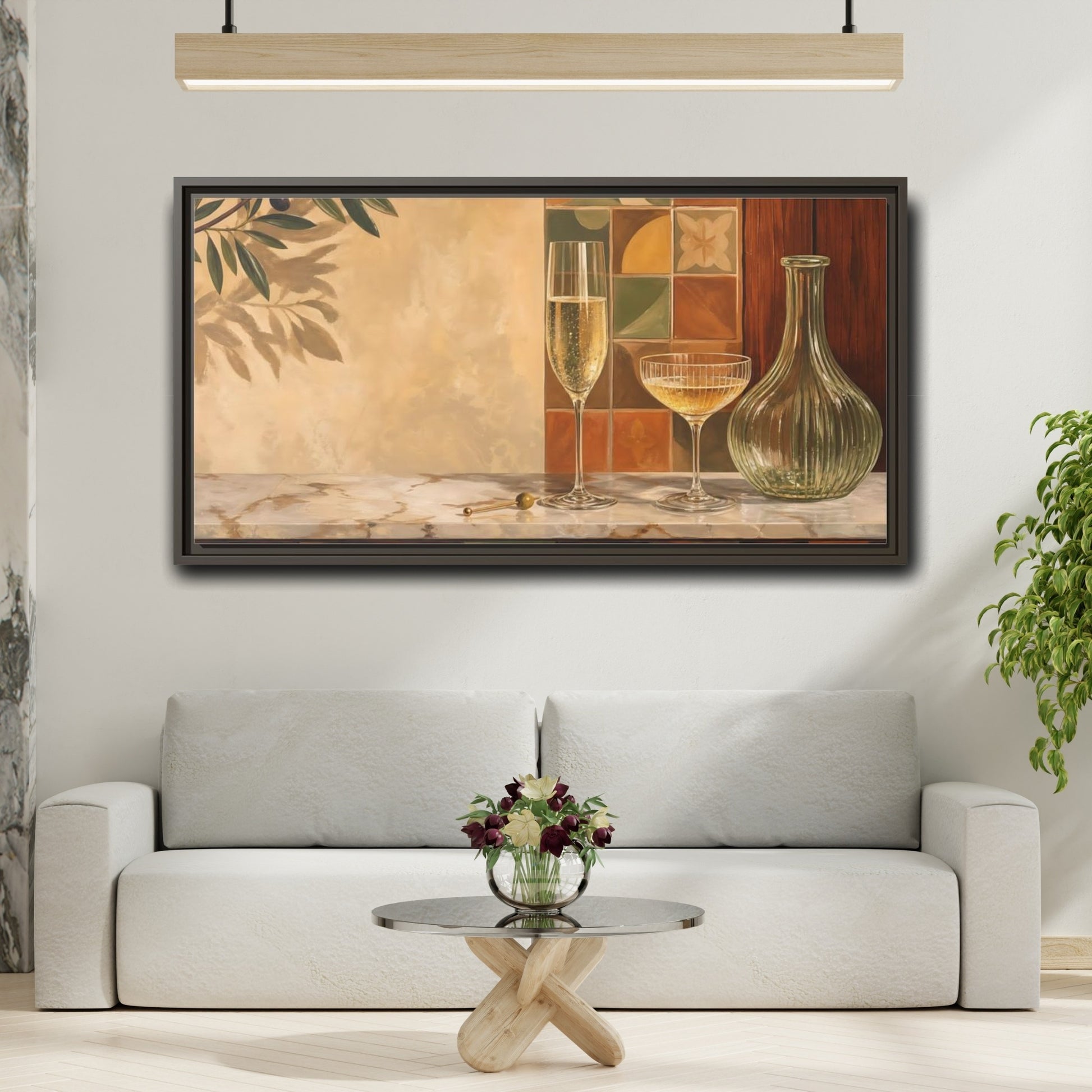 Mockup 2. Vintage Champagne Glasses Champagne Olive Art shown as framed canvas print