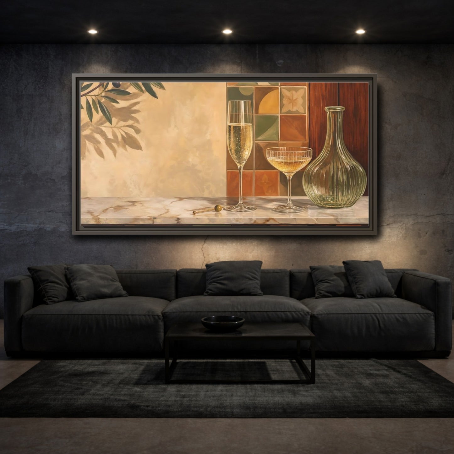 Mockup 3. Vintage Champagne Glasses Champagne Olive Art shown as framed canvas print