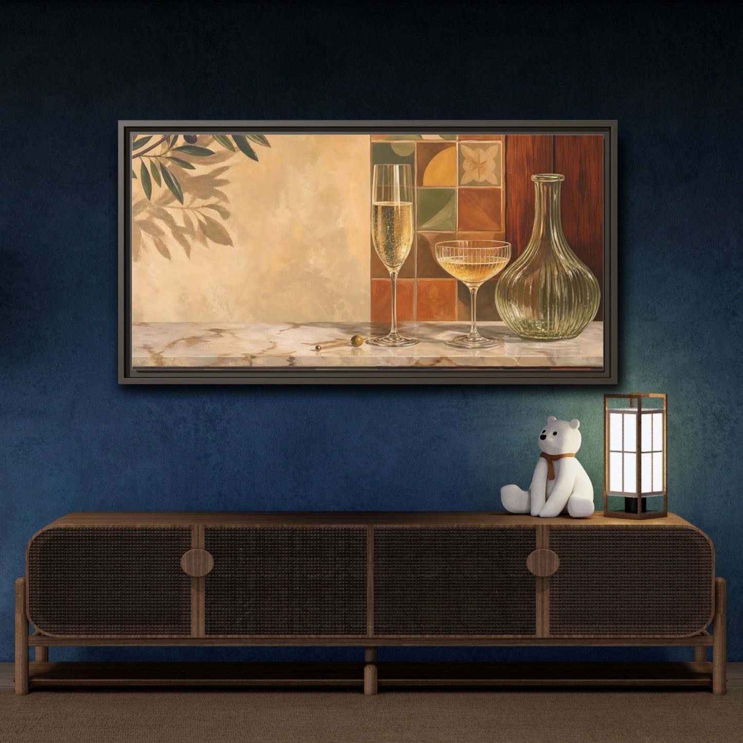 Mockup 4. Vintage Champagne Glasses Champagne Olive Art shown as framed canvas print