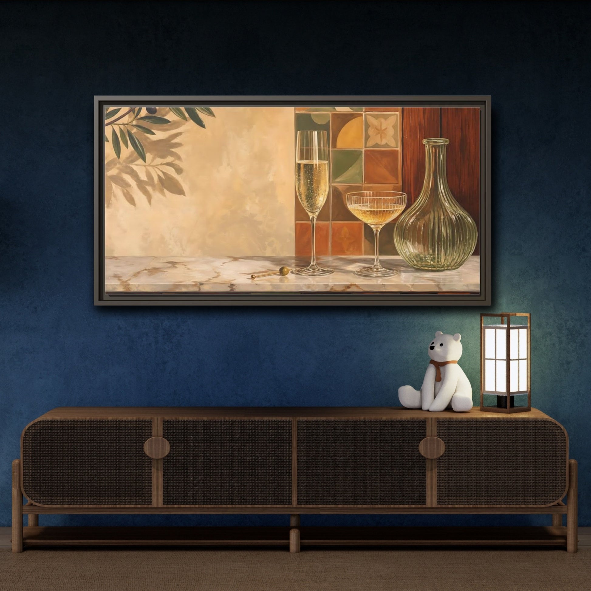 Mockup 4. Vintage Champagne Glasses Champagne Olive Art shown as framed canvas print