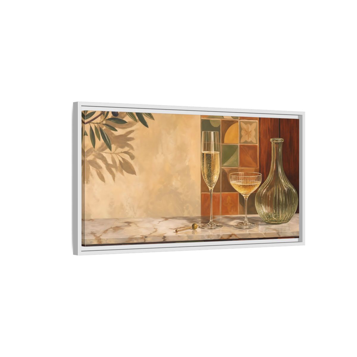 Side Mockup 1. Vintage Champagne Glasses Champagne Olive Art shown as framed canvas print