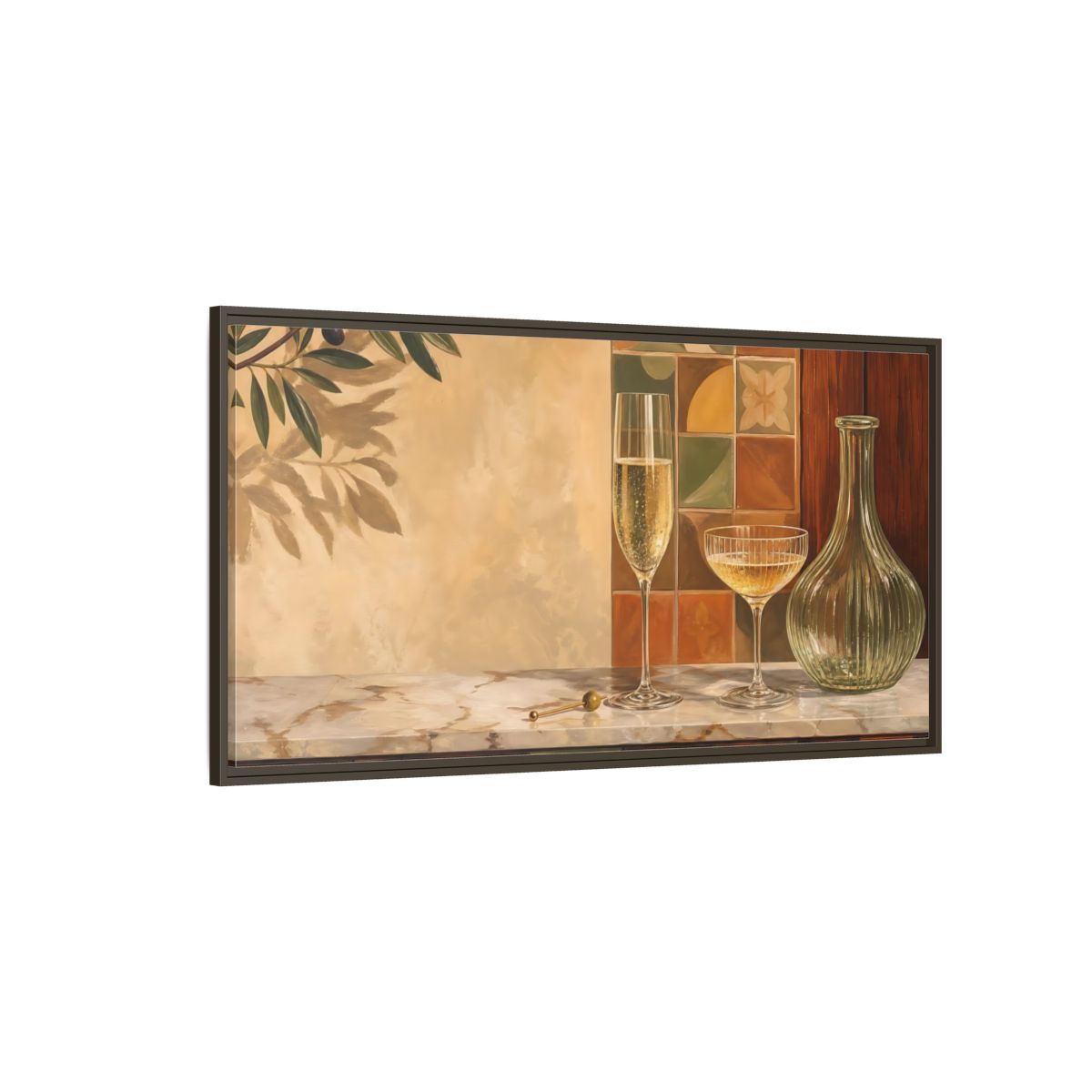 Side Mockup 4. Vintage Champagne Glasses Champagne Olive Art shown as framed canvas print