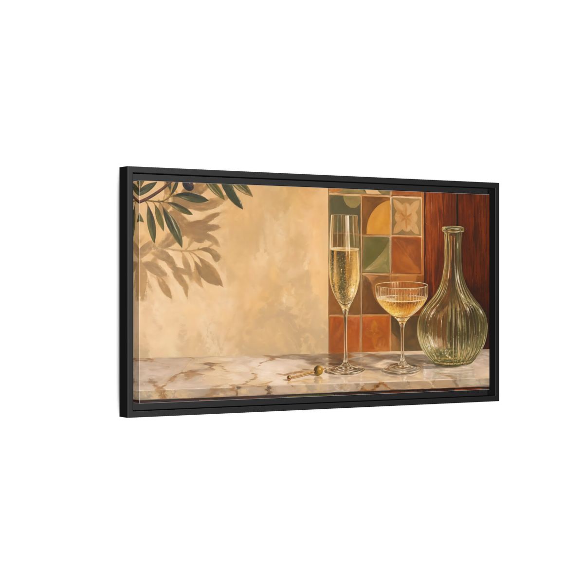 Side Mockup 2. Vintage Champagne Glasses Champagne Olive Art shown as framed canvas print