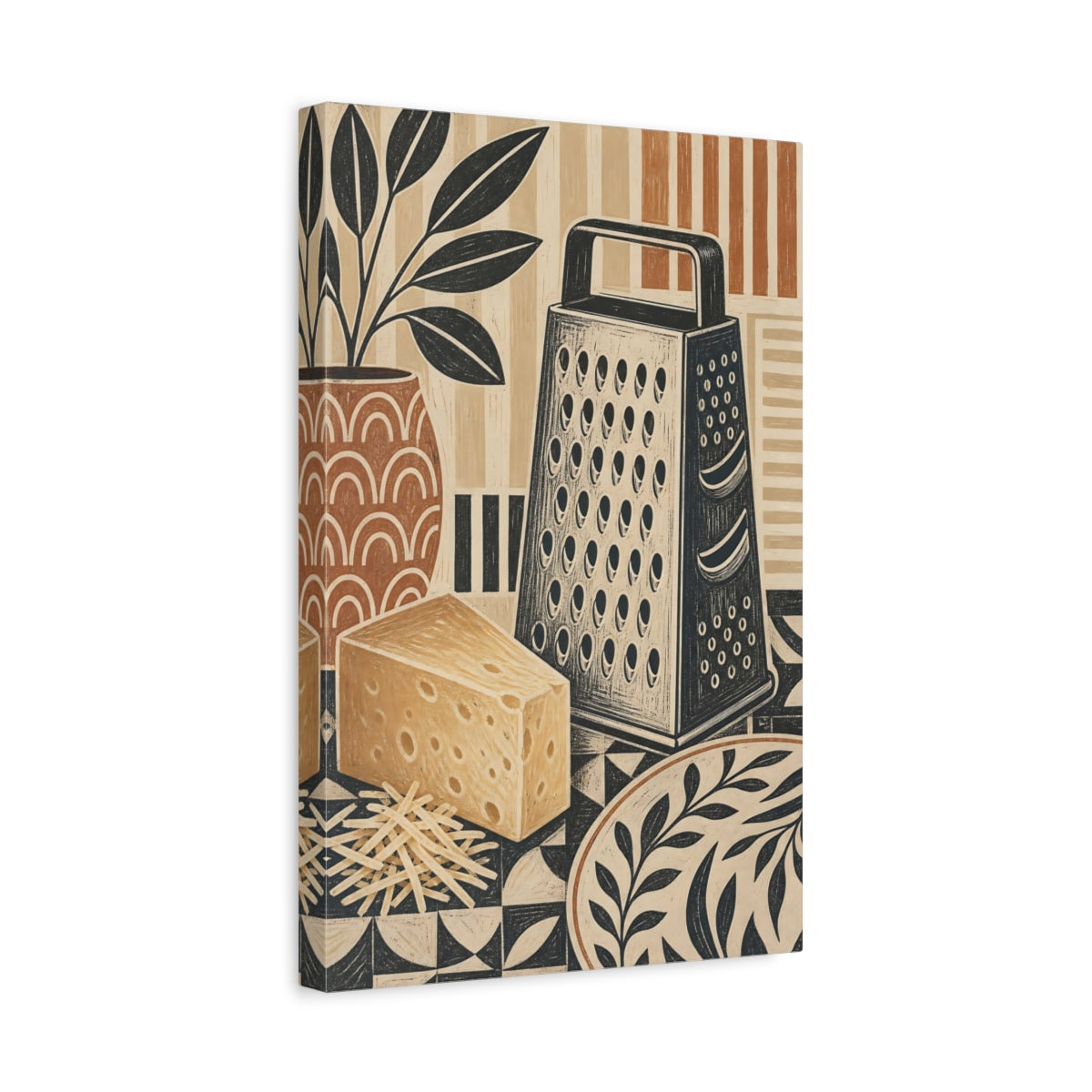 Side Mockup 4. Vintage Cheese Grater Brown And Black Kitchen shown as stretched canvas wall art