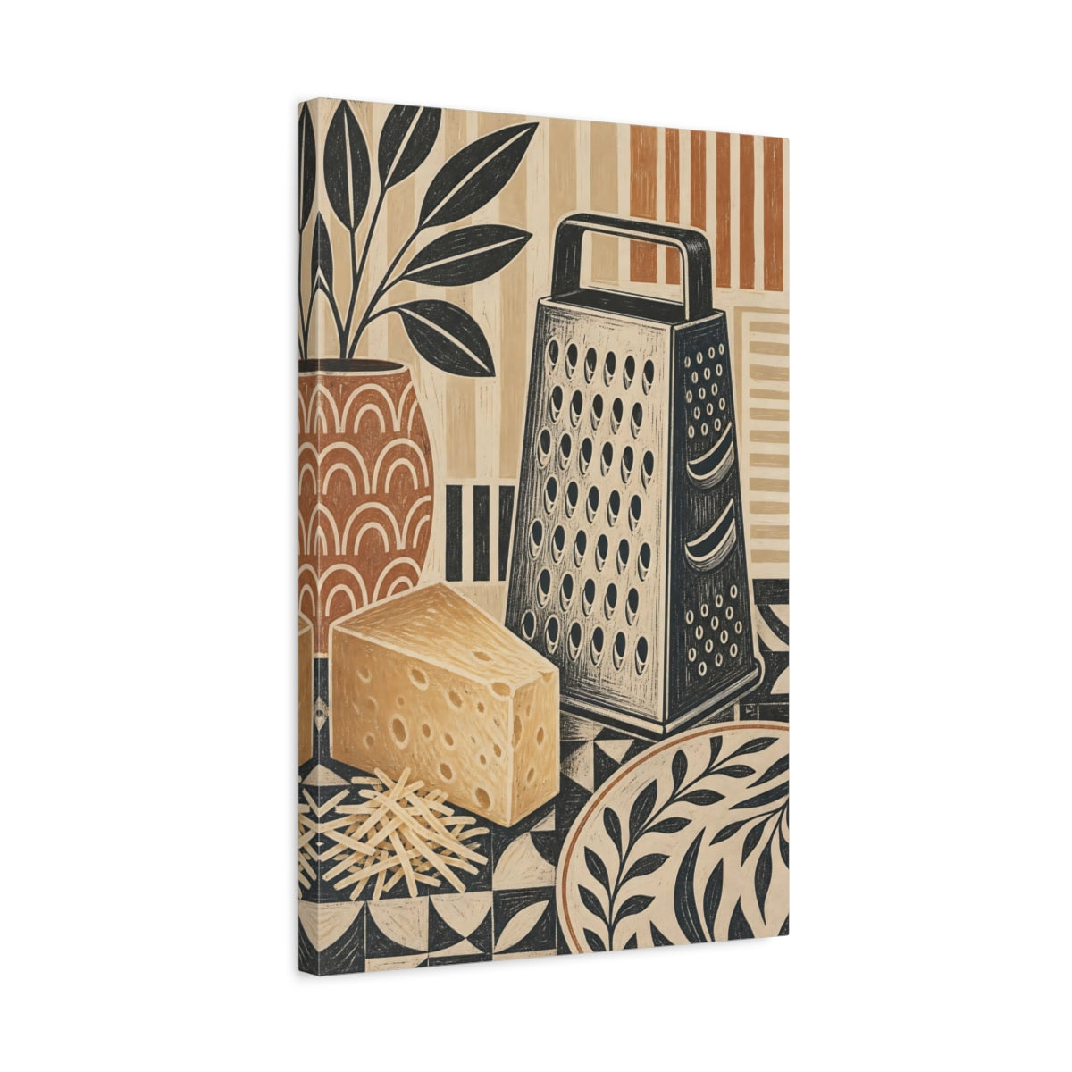 Side Mockup 3. Vintage Cheese Grater Brown And Black Kitchen shown as stretched canvas wall art