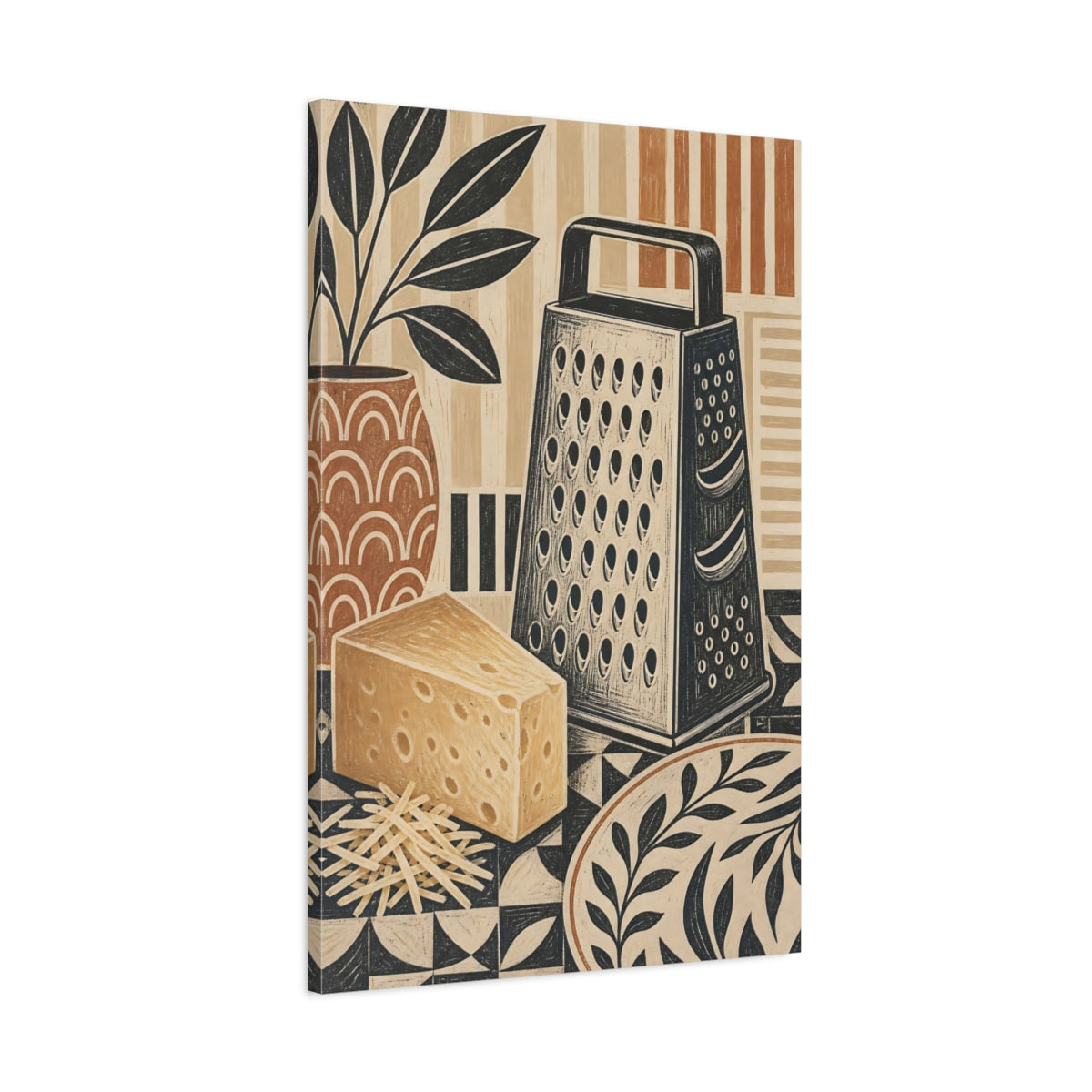 Main Mockup. Vintage Cheese Grater Brown And Black Kitchen shown as stretched canvas wall art