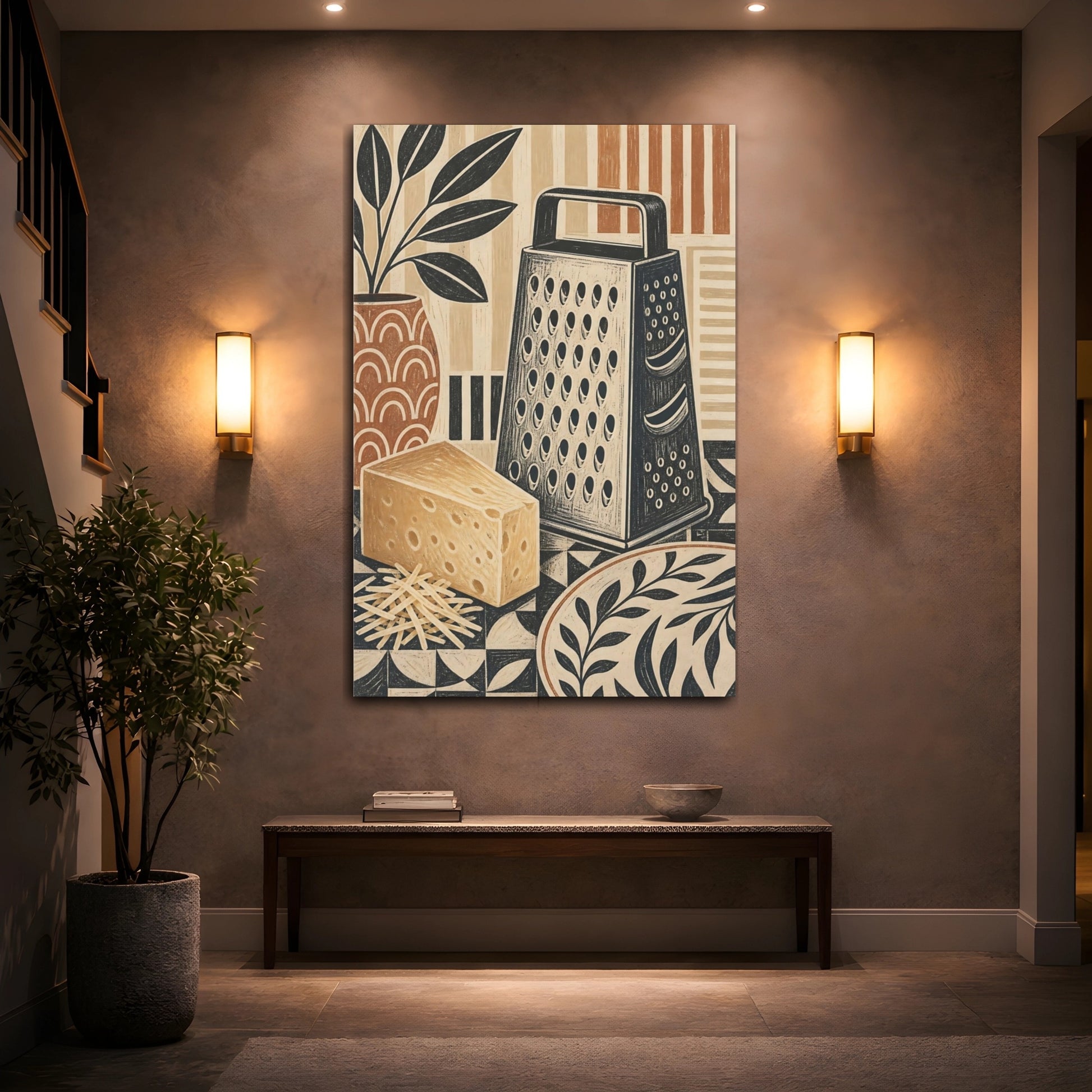 Mockup 2. Vintage Cheese Grater Brown And Black Kitchen shown as stretched canvas wall art