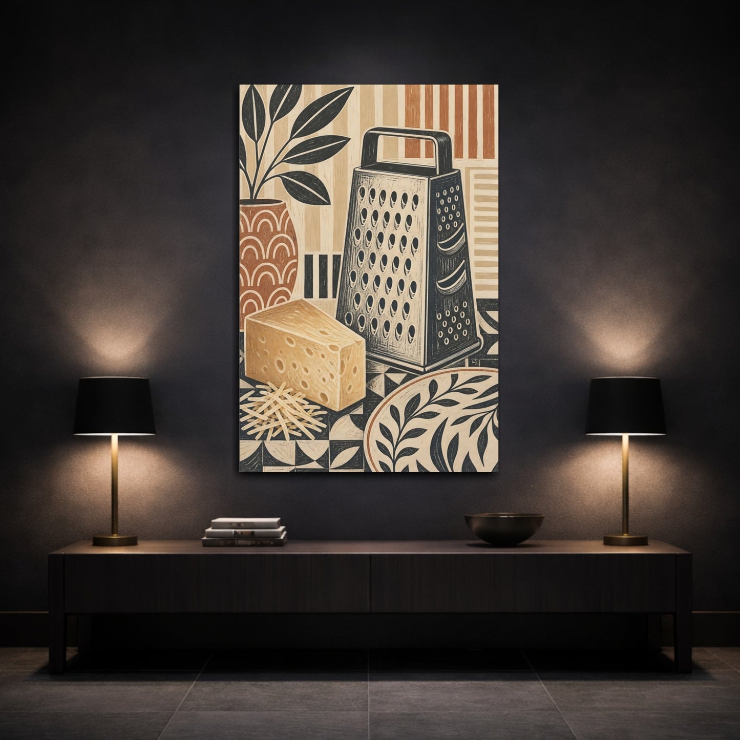 Mockup 3. Vintage Cheese Grater Brown And Black Kitchen shown as stretched canvas wall art