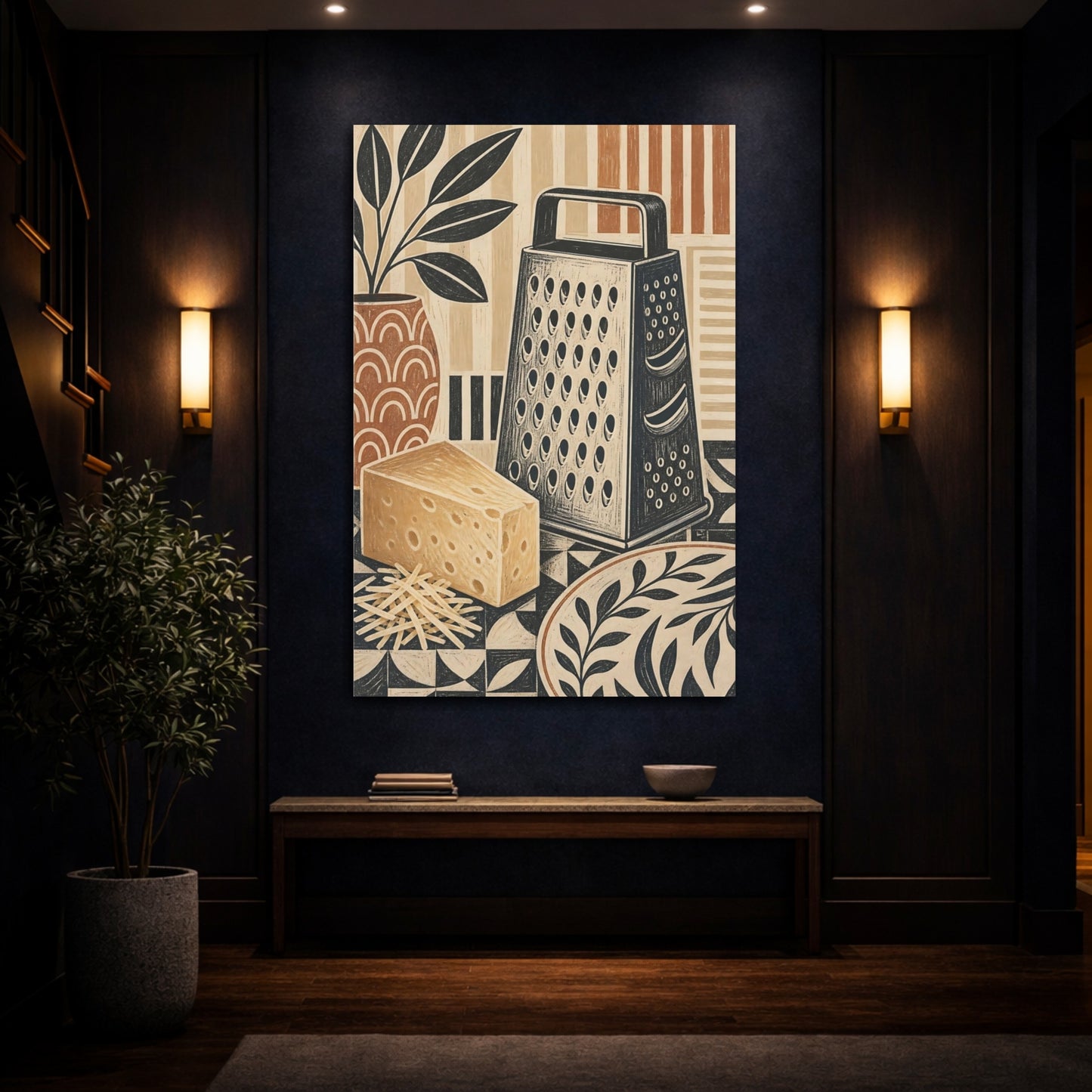 Mockup 4. Vintage Cheese Grater Brown And Black Kitchen shown as stretched canvas wall art