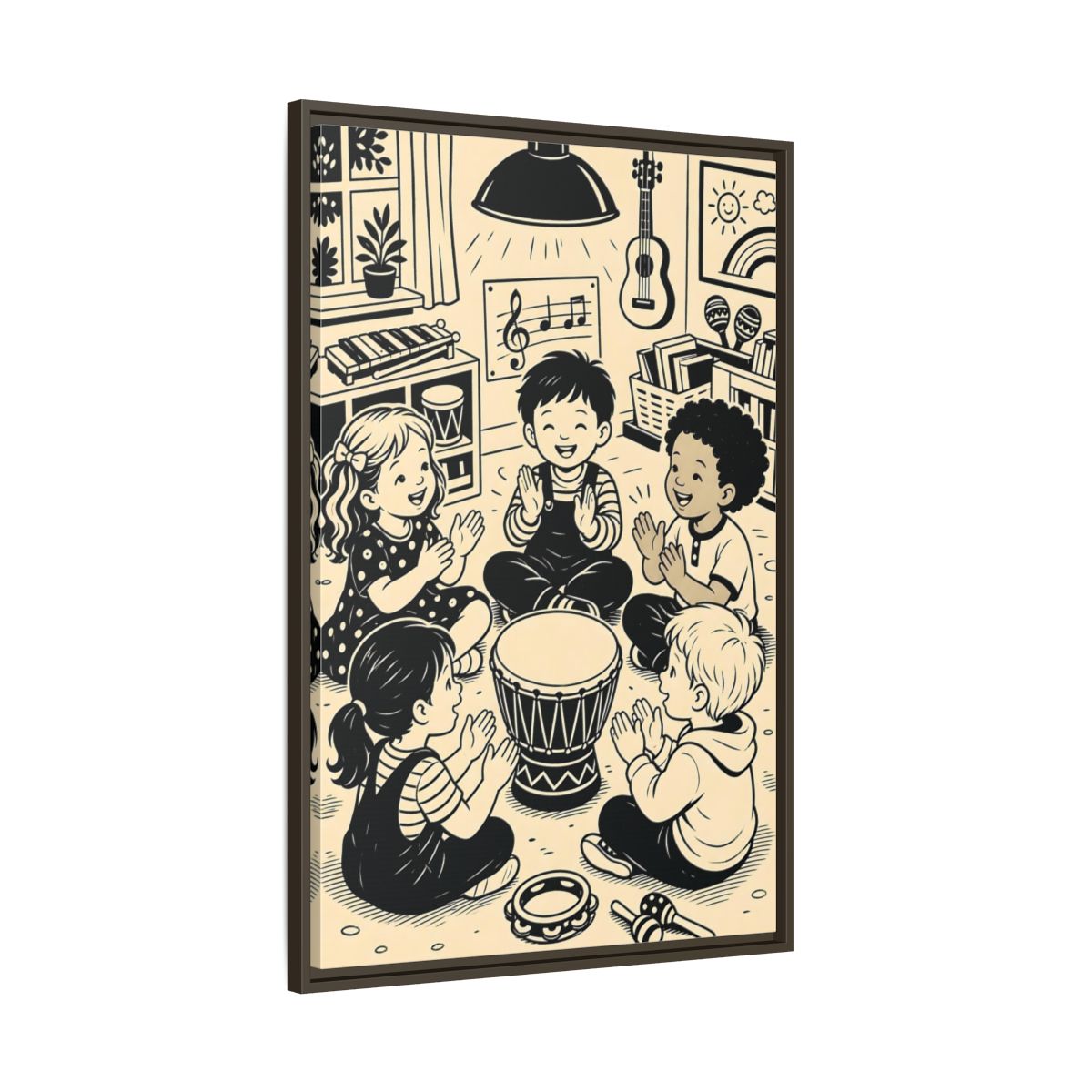 Main Mockup. Vintage Children Music Monochrome Children shown as framed canvas print