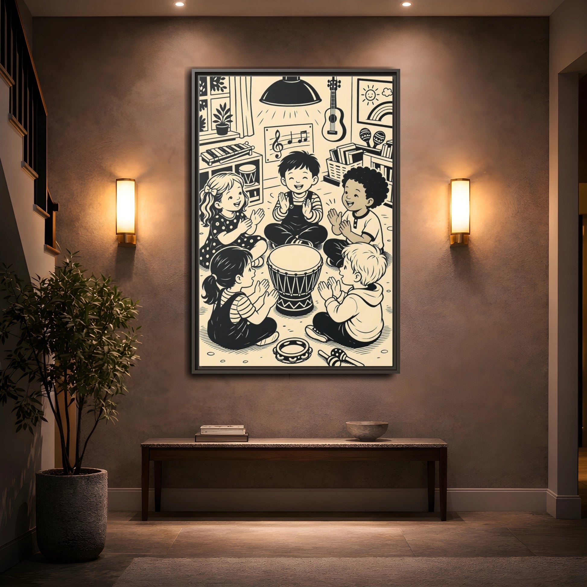 Mockup 2. Vintage Children Music Monochrome Children shown as framed canvas print