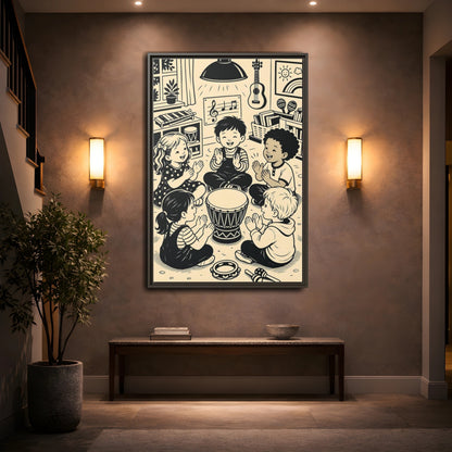 Mockup 2. Vintage Children Music Monochrome Children shown as framed canvas print