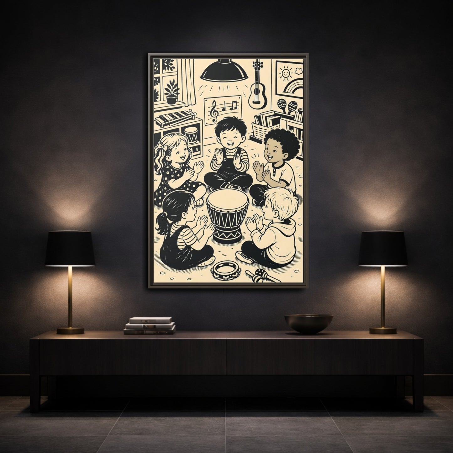 Mockup 3. Vintage Children Music Monochrome Children shown as framed canvas print