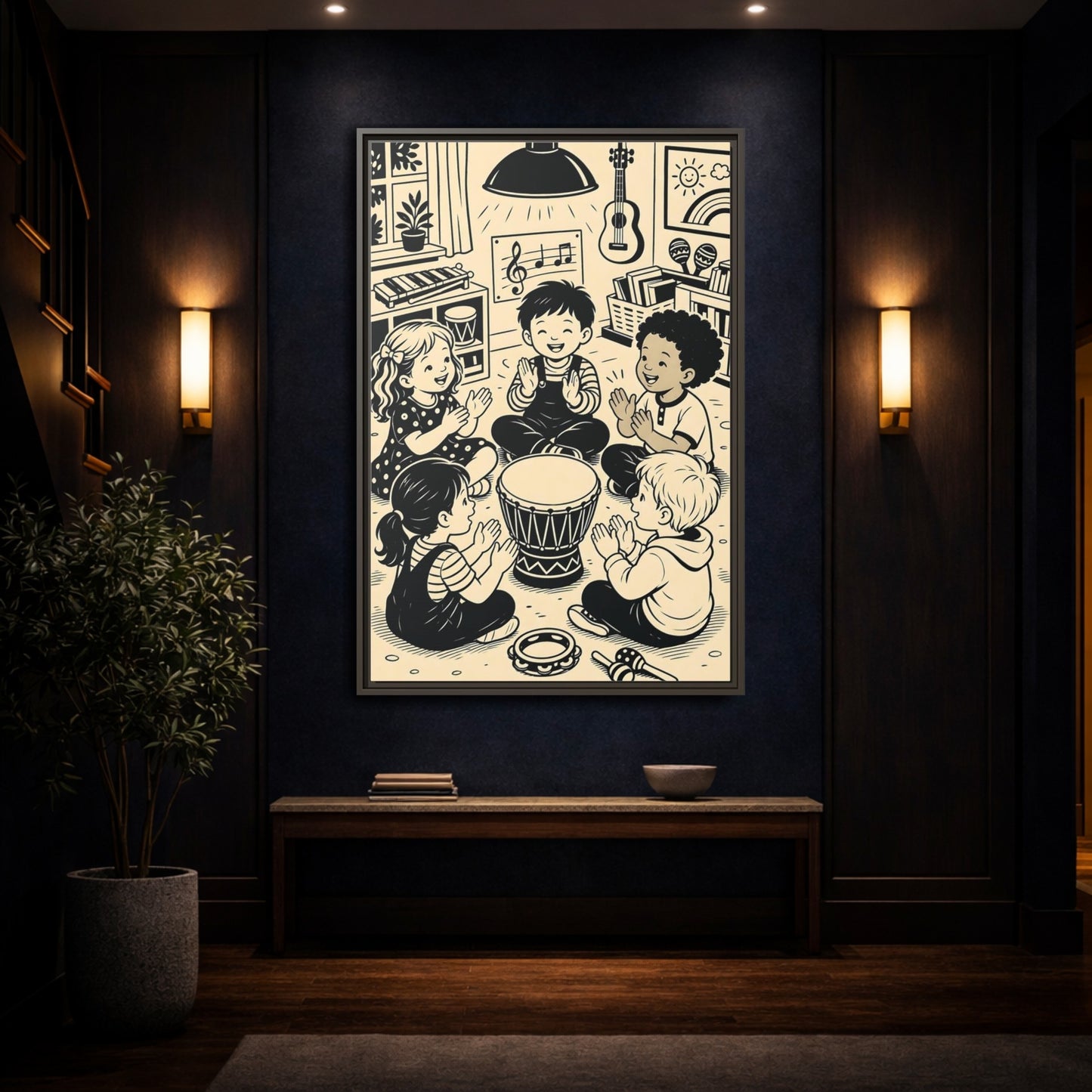Mockup 4. Vintage Children Music Monochrome Children shown as framed canvas print