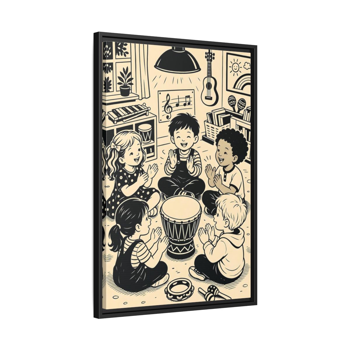 Side Mockup 14. Vintage Children Music Monochrome Children shown as framed canvas print