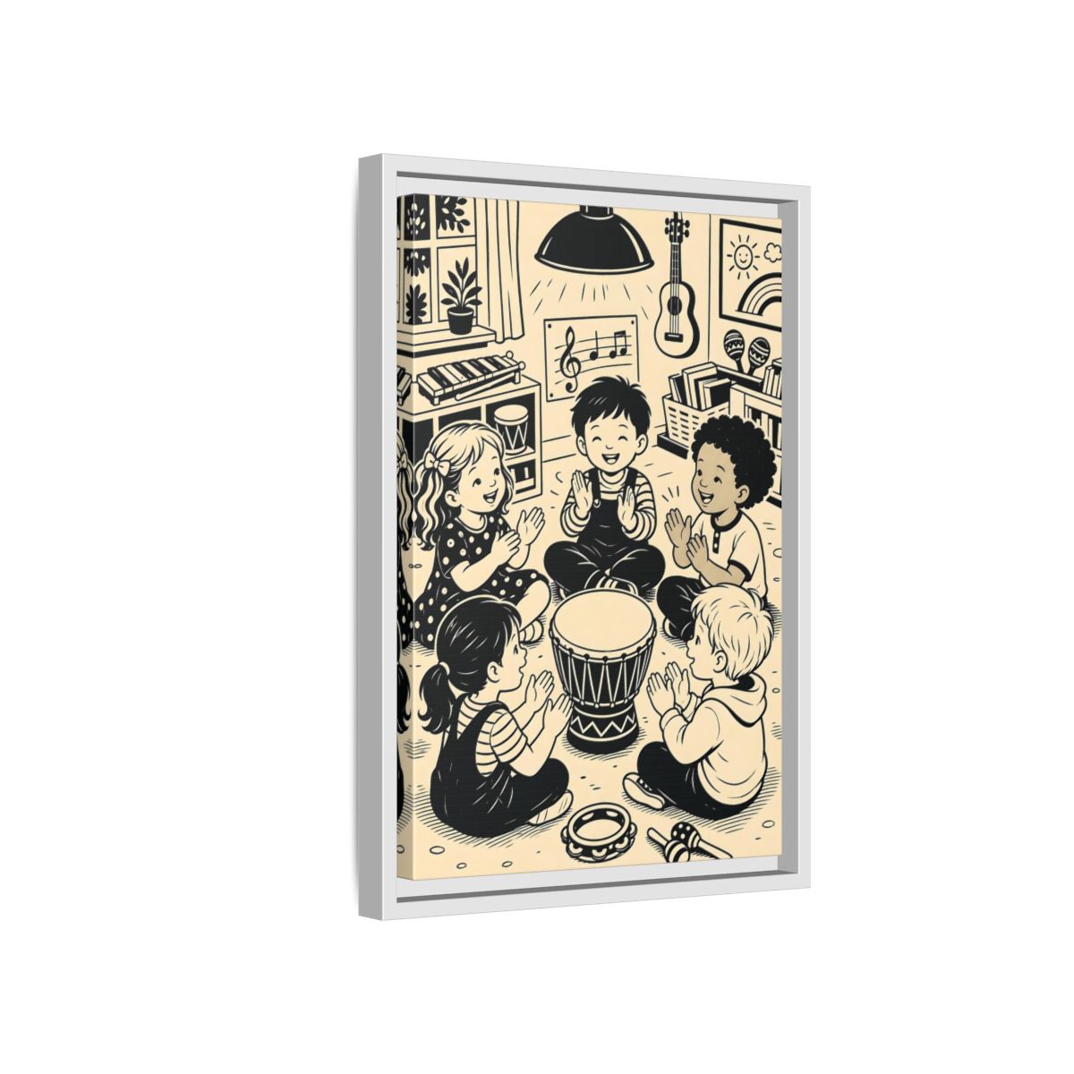 Side Mockup 4. Vintage Children Music Monochrome Children shown as framed canvas print