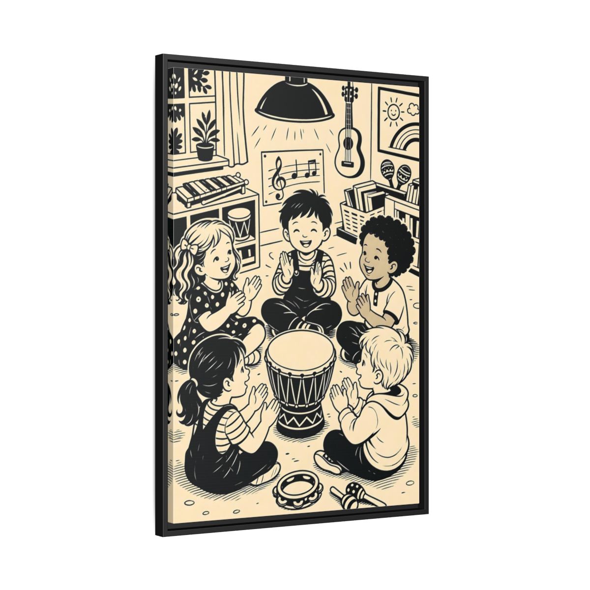 Side Mockup 13. Vintage Children Music Monochrome Children shown as framed canvas print
