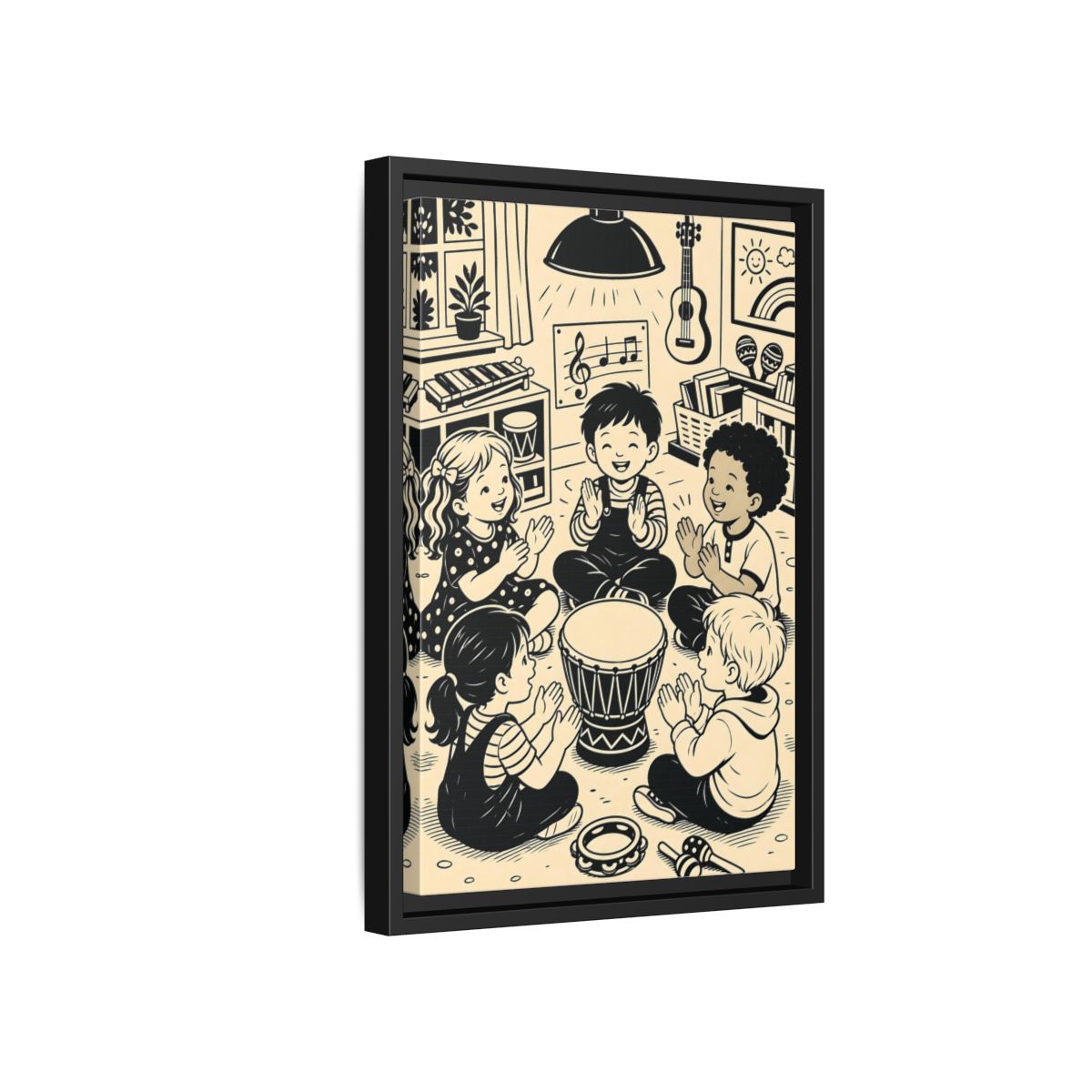 Side Mockup 6. Vintage Children Music Monochrome Children shown as framed canvas print