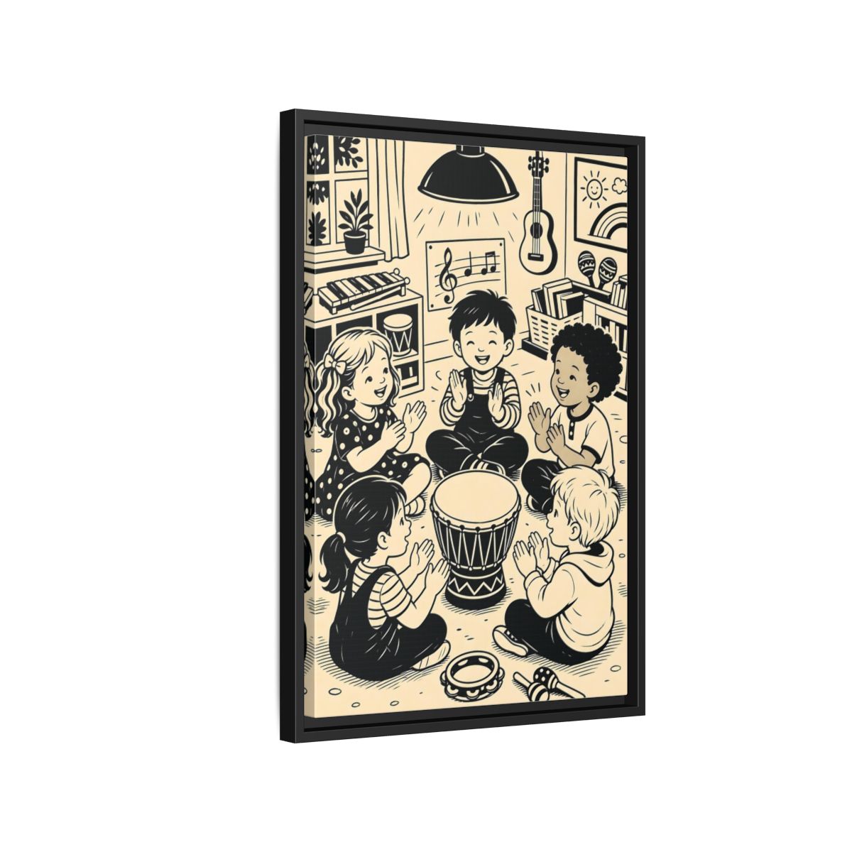 Side Mockup 3. Vintage Children Music Monochrome Children shown as framed canvas print
