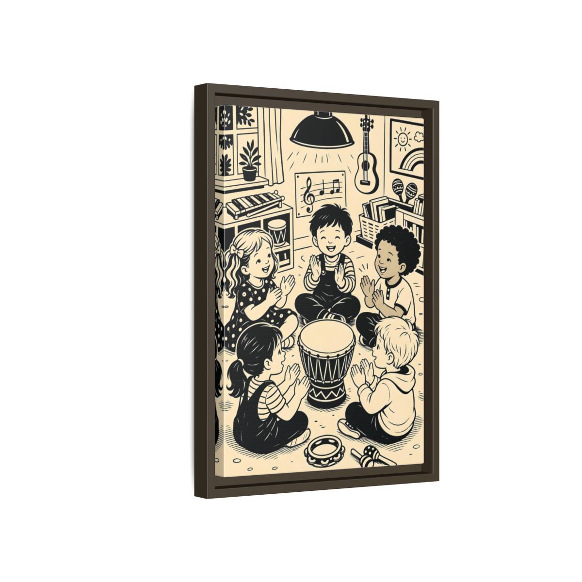 Side Mockup 5. Vintage Children Music Monochrome Children shown as framed canvas print